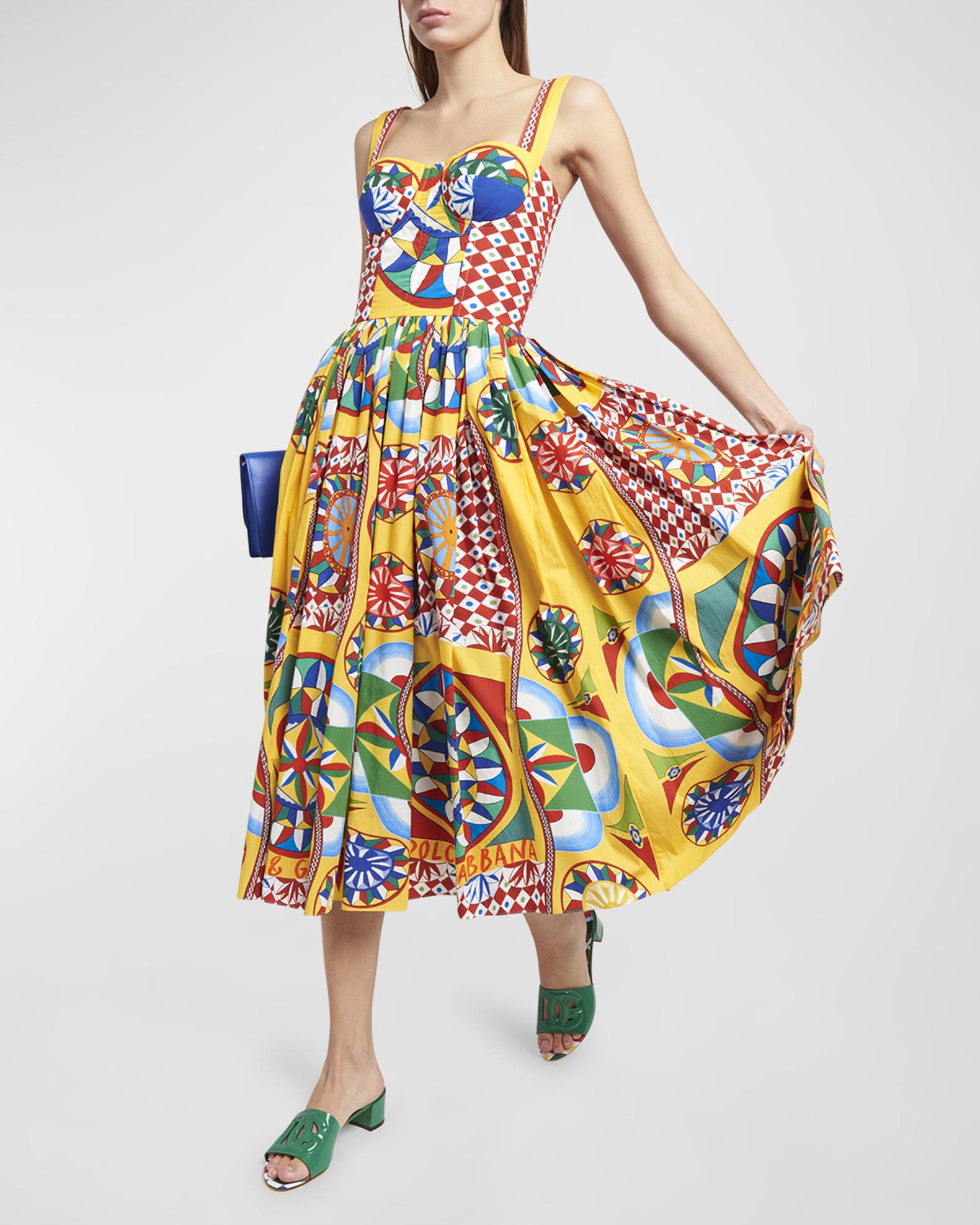 Dolce&Gabbana Carretto-Print Sleeveless Bustier Midi Dress | Neiman Marcus