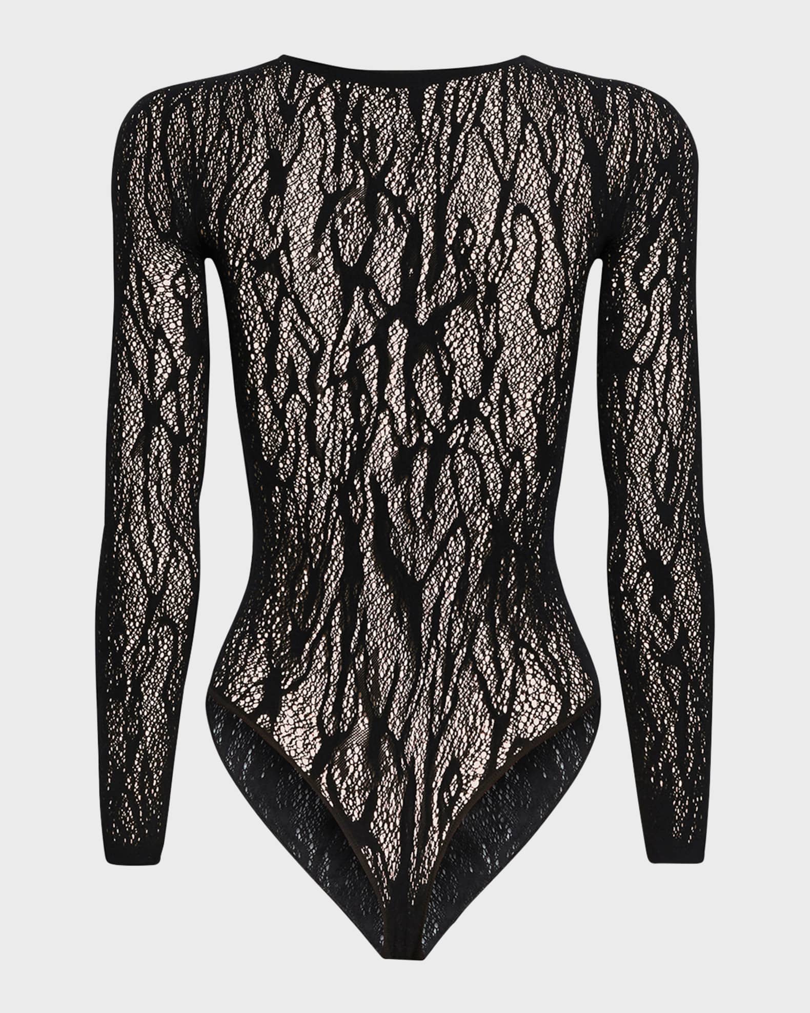 Wolford Long-Sleeve Snakeskin Lace Thong Bodysuit