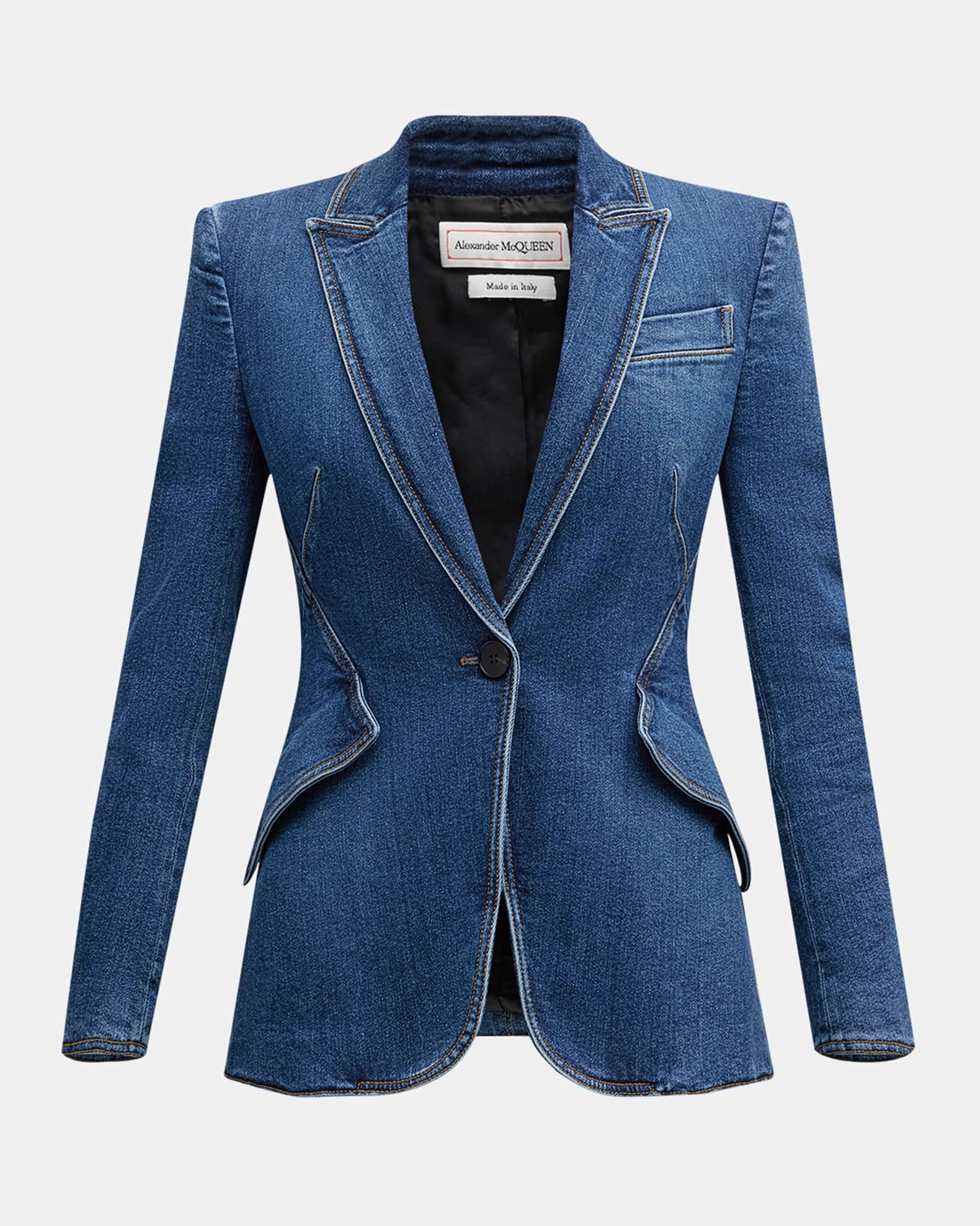【Alexander Mcqueen】シングルブレスト デニム ブレザー Denim Single-Breasted Suit | Neiman Marcus