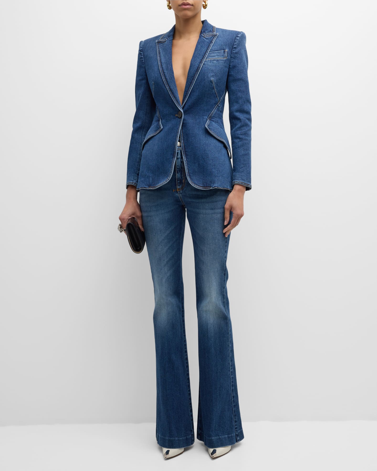 Medium-Wash Denim Single-Breasted Blazer 1