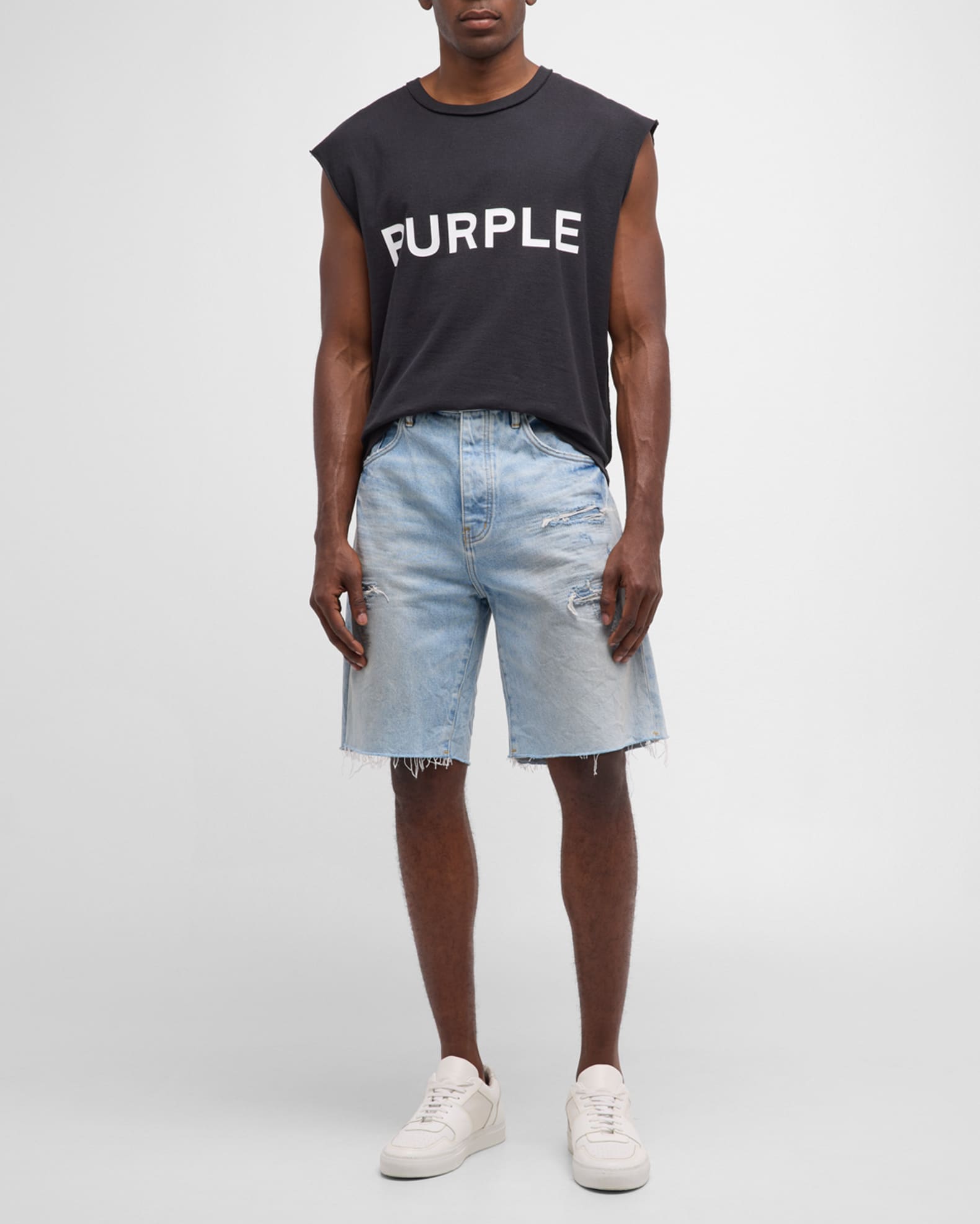 PURPLE Men's Destroyed Denim Shorts Neiman Marcus
