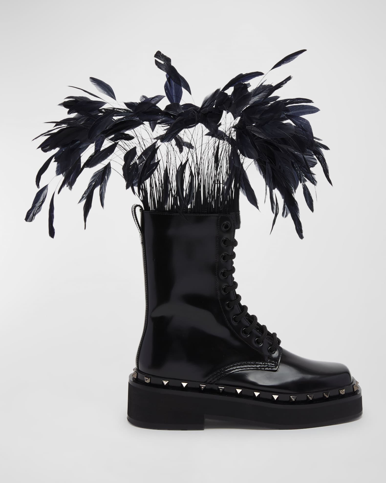 Valentino Garavani Women's Rockstud M-Way Combat Boots in Calfskin with Feathers 50mm - Black - Size 7