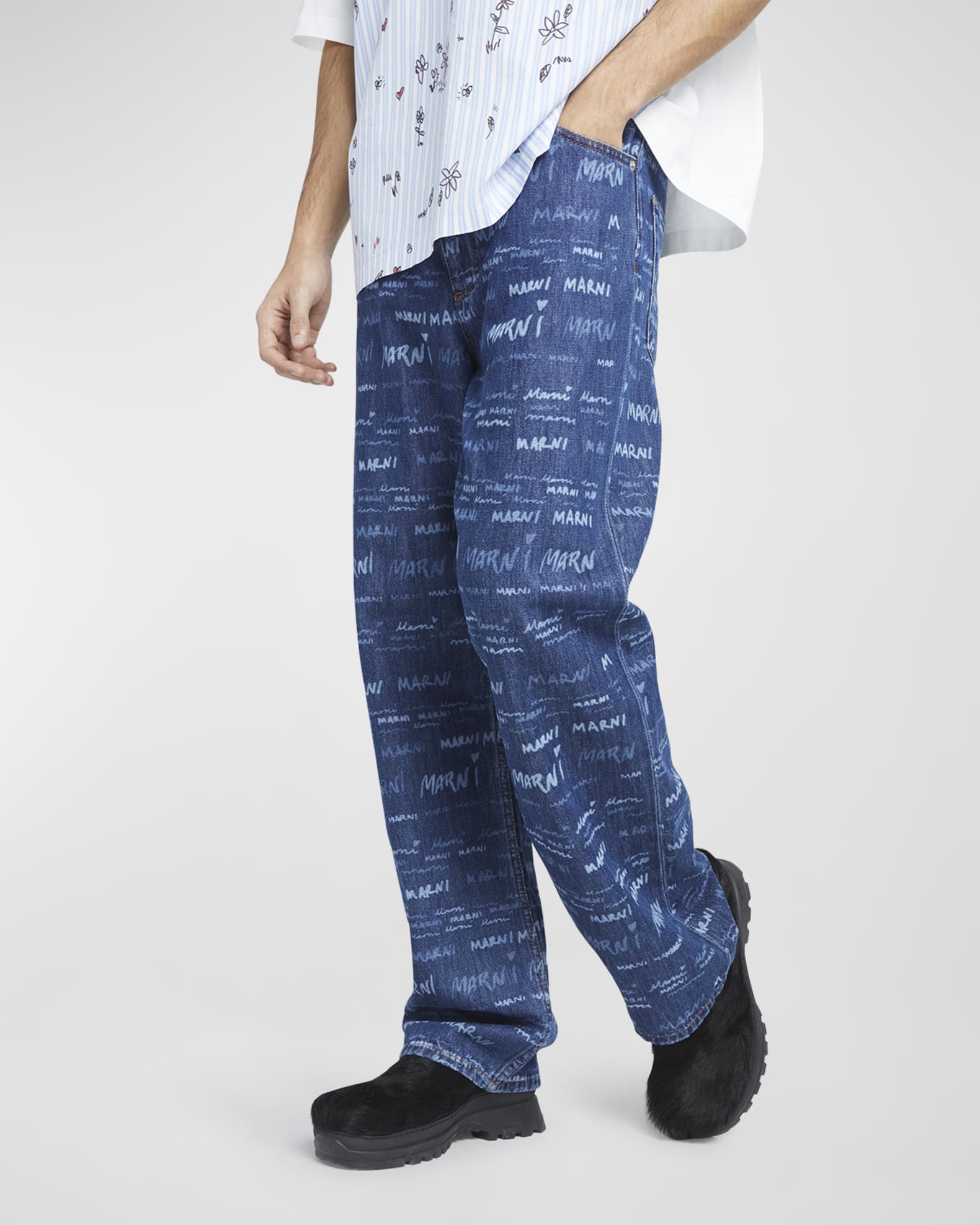 Marni Men's Straight-Leg Jeans with Repeated Logo | Neiman Marcus