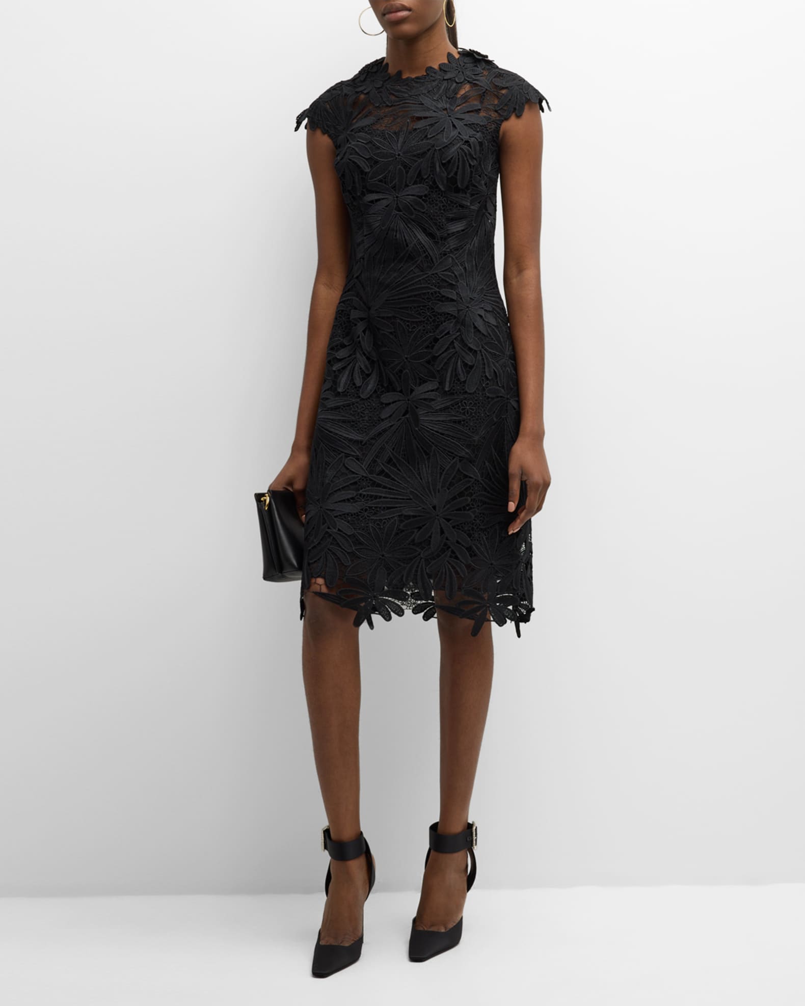 Rickie Freeman for Teri Jon Cap-Sleeve Floral Lace Midi Dress | Neiman ...