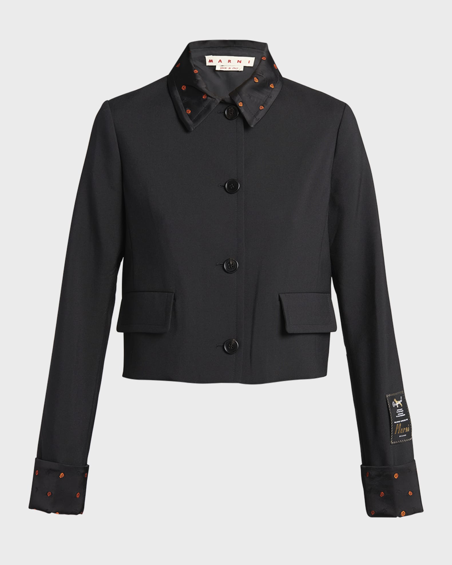 Wool Short Jacket with Patterned Trim  0