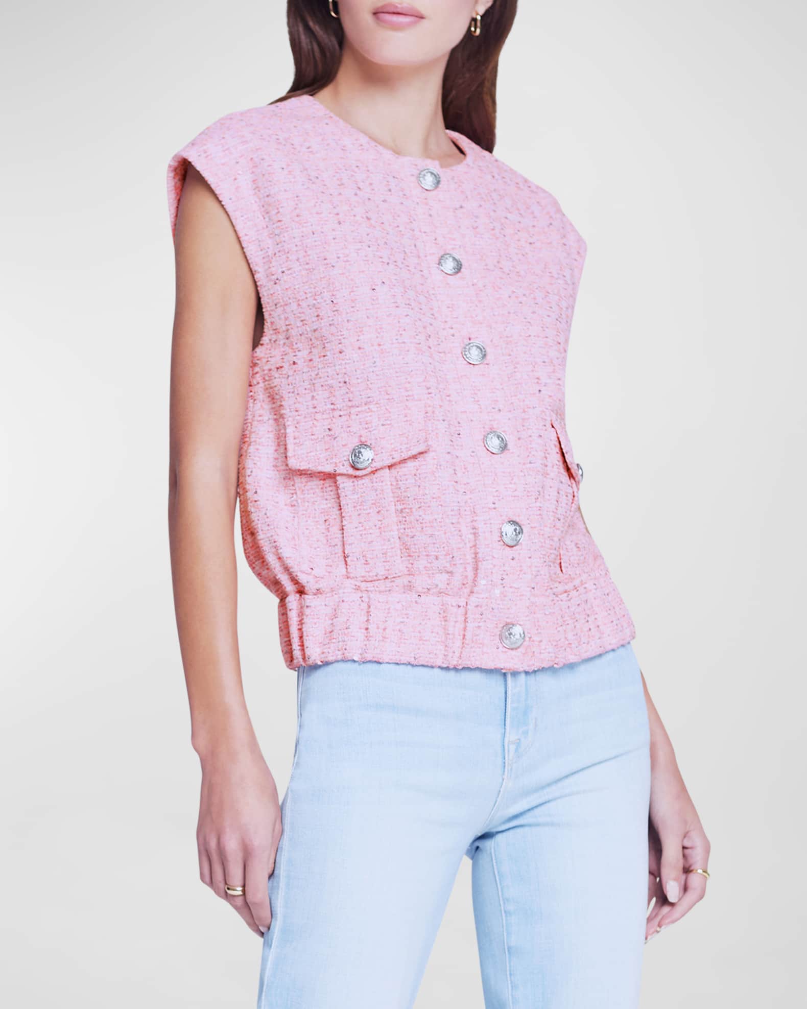 L'Agence Uma Speckled Knit Flap-Pocket Vest | Neiman Marcus
