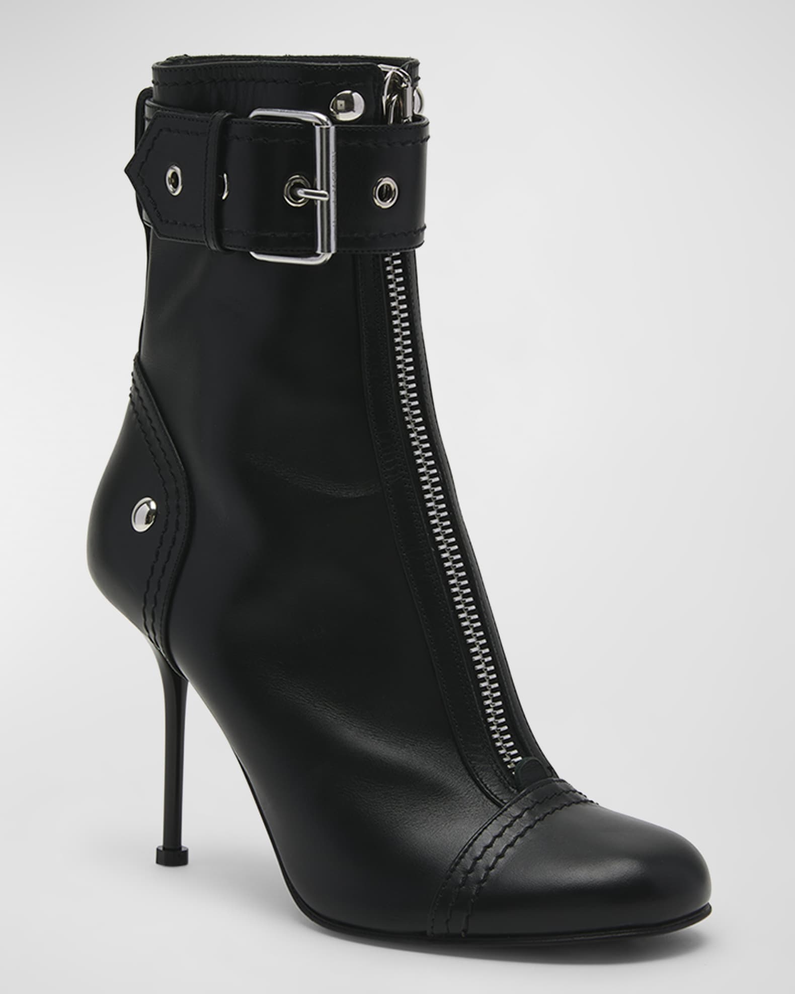 Alexander McQueen Punk Zip Leather Stiletto Booties | Neiman Marcus