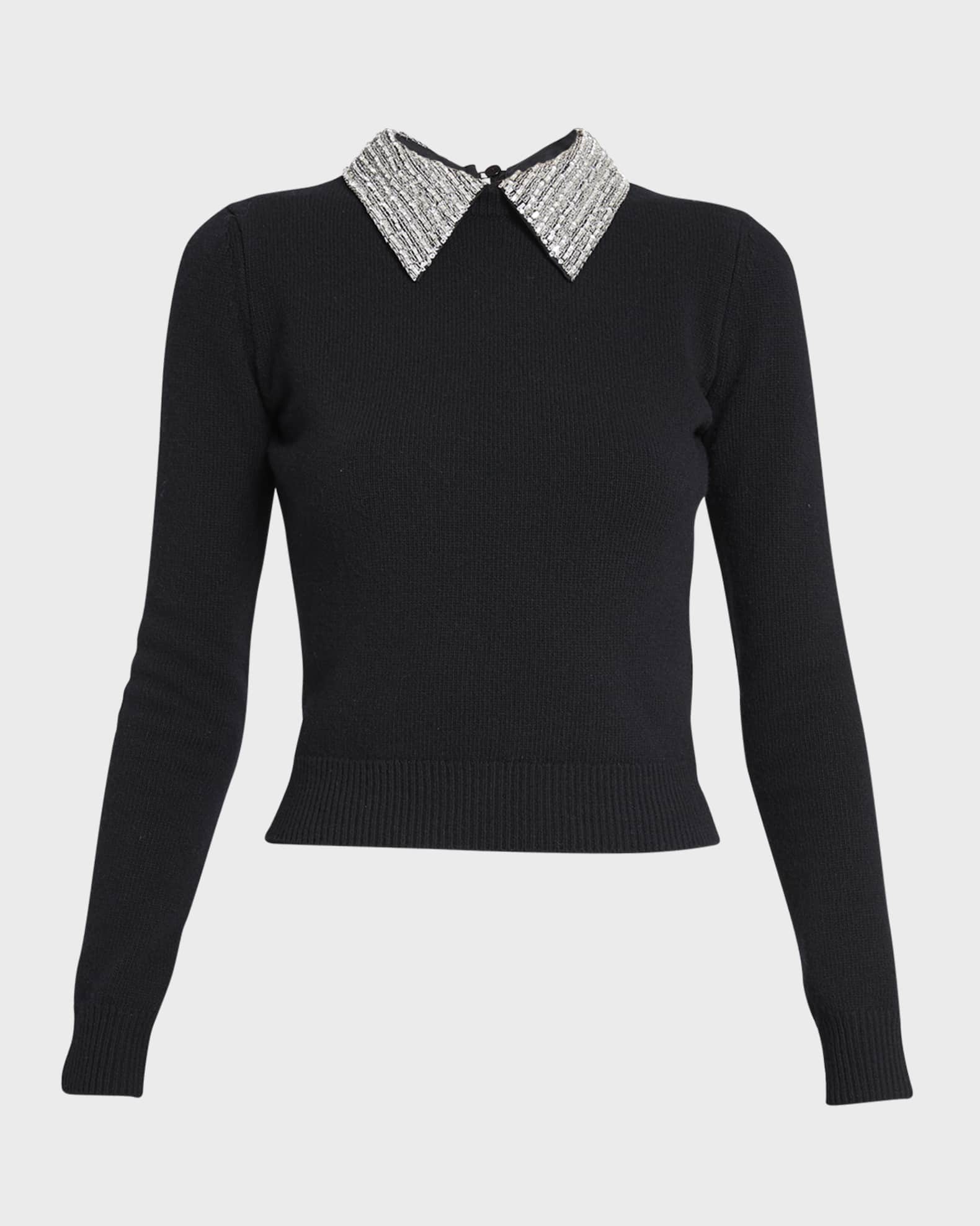 Valentino Garavani Beaded Collared Crop Wool Sweater | Neiman Marcus