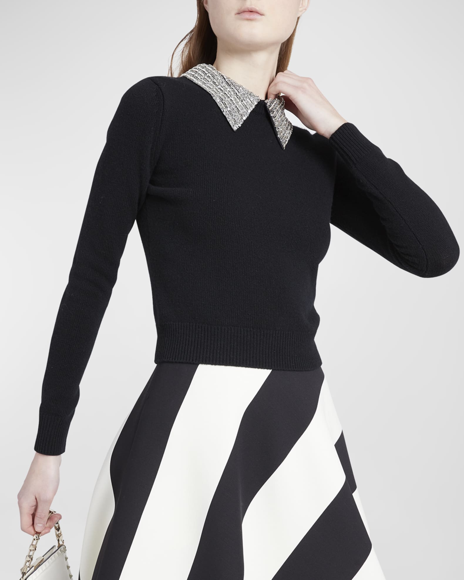 Valentino Garavani Beaded Collared Crop Wool Sweater | Neiman Marcus