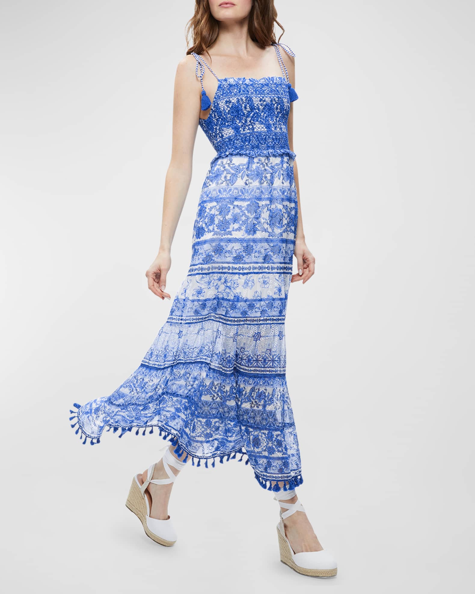 Alice + Olivia Monnie Smocked Tie-Strap Tiered Midi Dress | Neiman Marcus