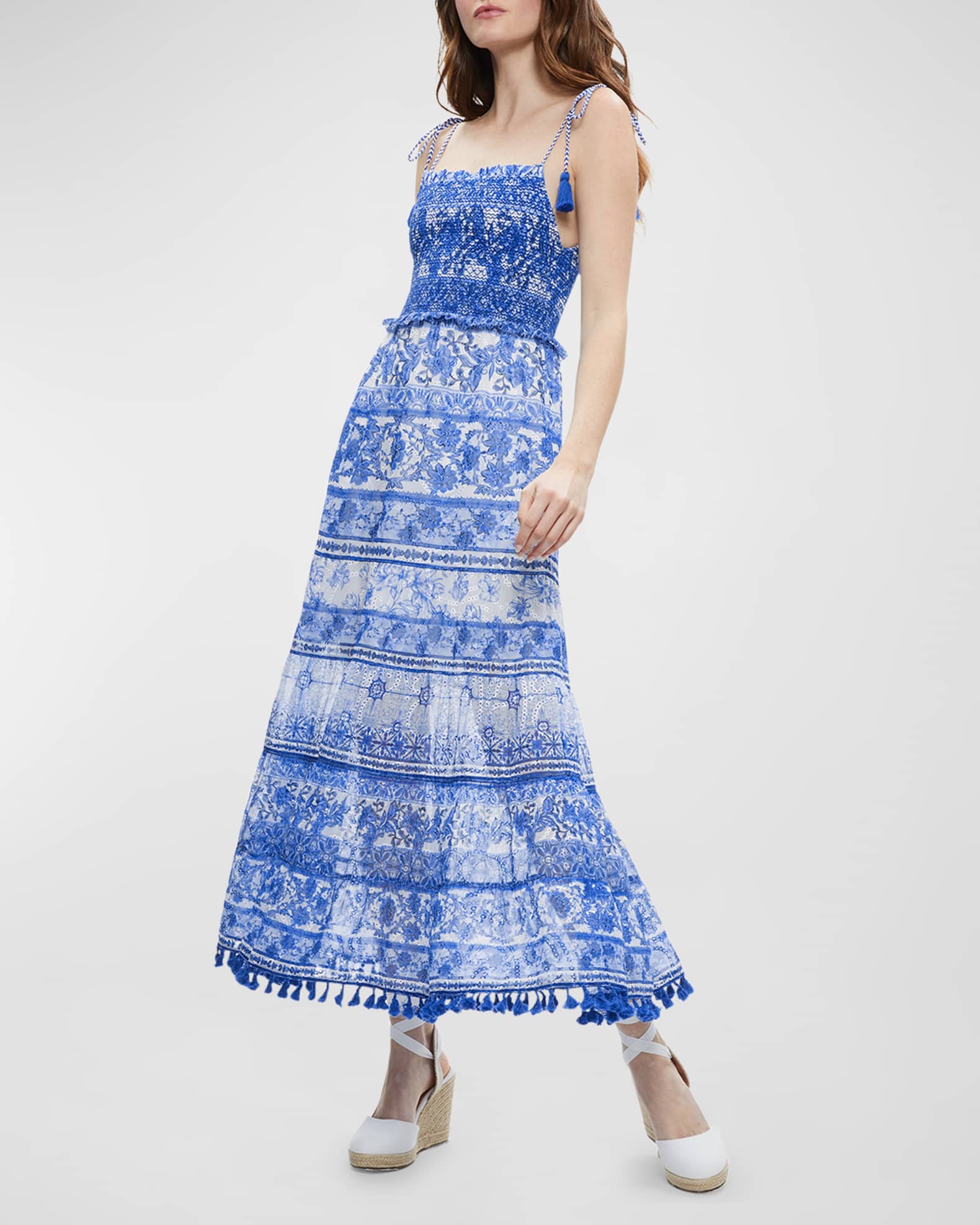 Alice + Olivia Monnie Smocked Tie-Strap Tiered Midi Dress | Neiman Marcus