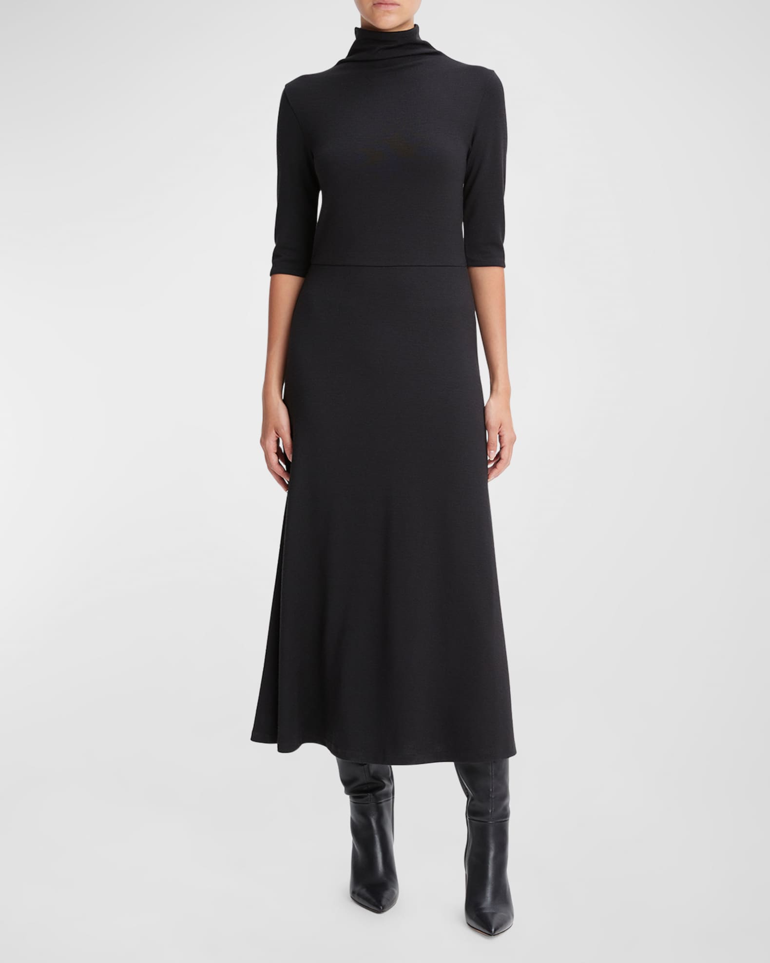 Elbow-Sleeve Turtleneck Midi Dress 1