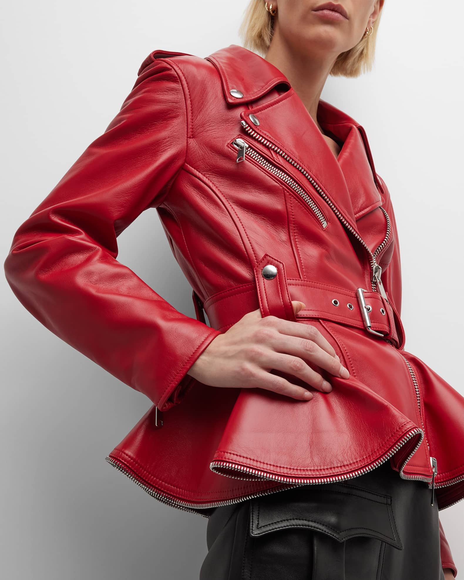 Alexander McQueen Women's Core Peplum Leather Moto Jacket - Black - Size 4
