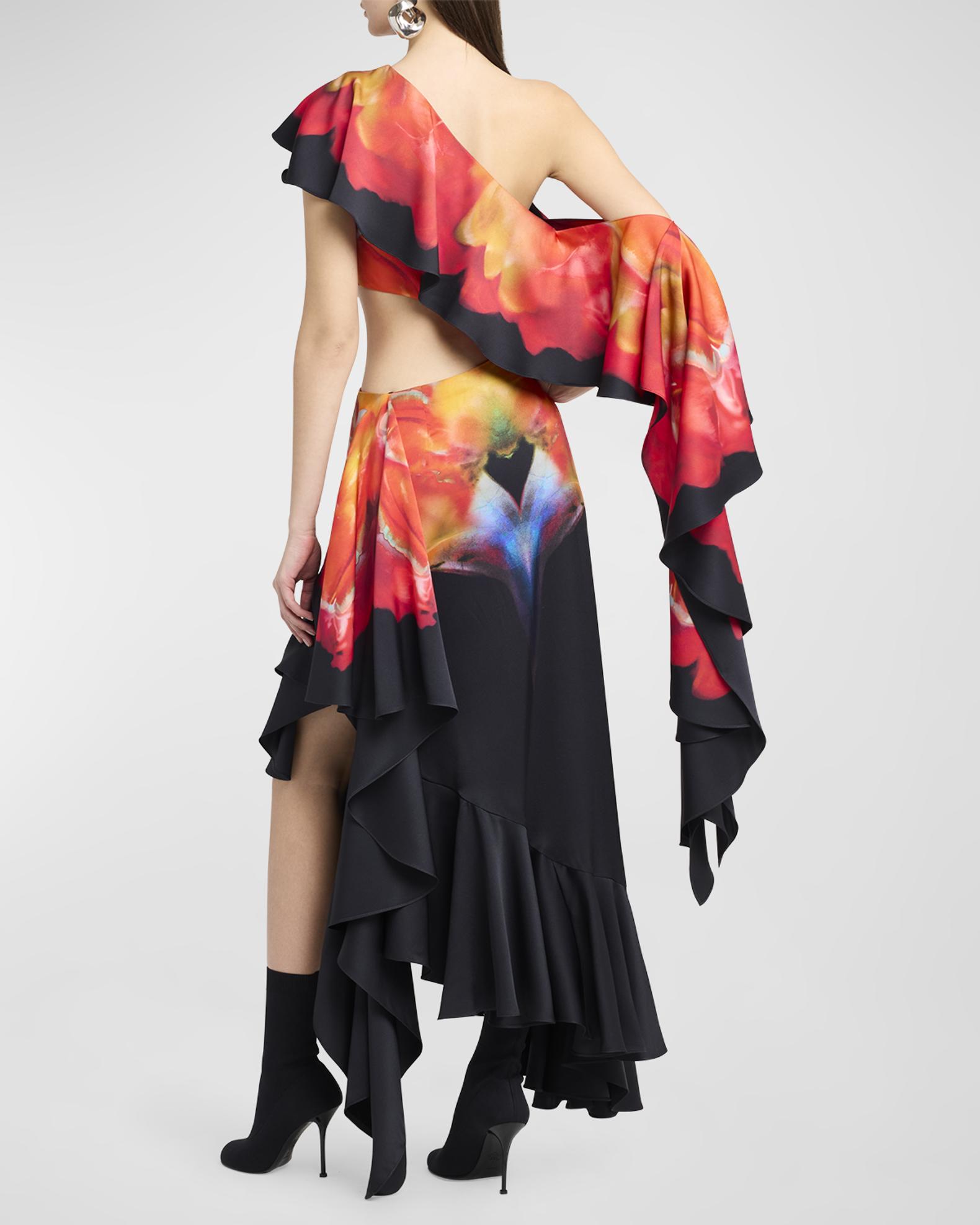 Alexander McQueen One-Shoulder Asymmetric Evening Dress with Ruffle ...