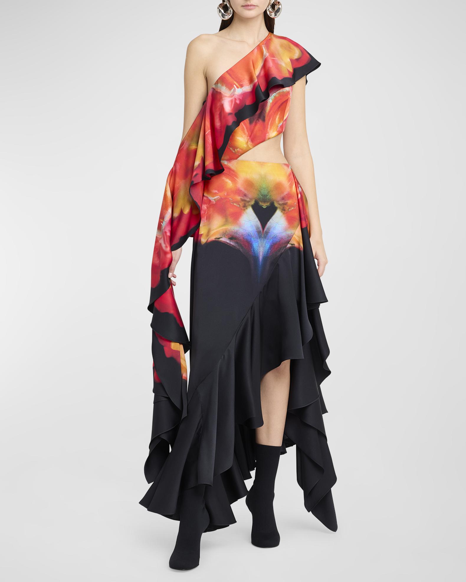 Alexander McQueen One-Shoulder Asymmetric Evening Dress with Ruffle ...