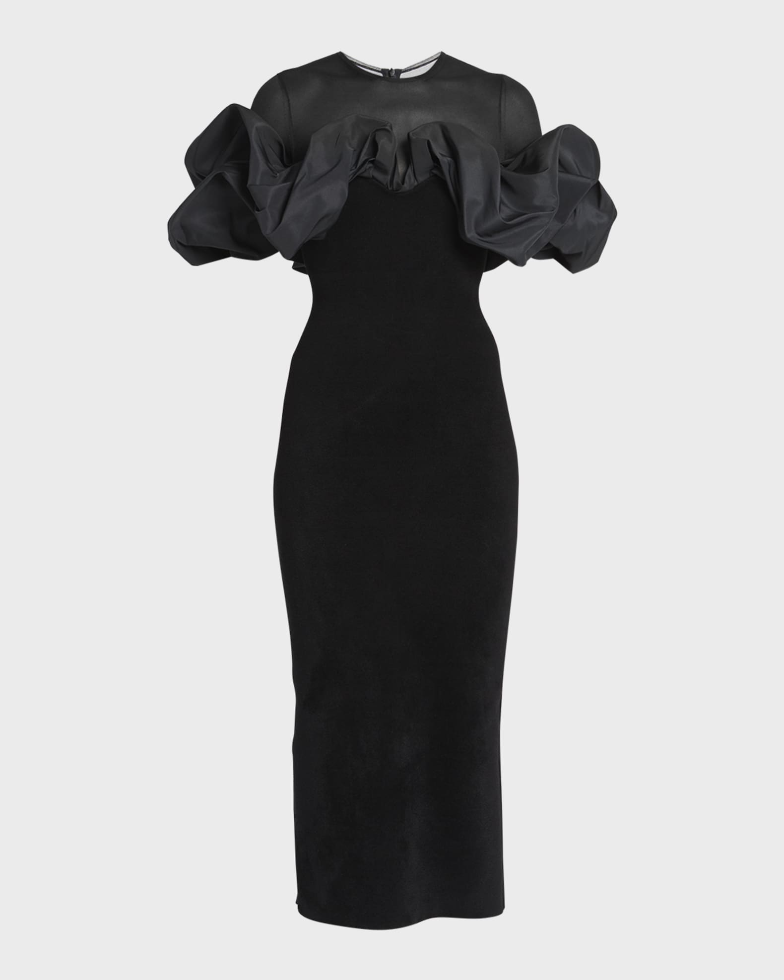 Alexander McQueen Velvet and Mesh Midi Dress with Ruffle Detail
