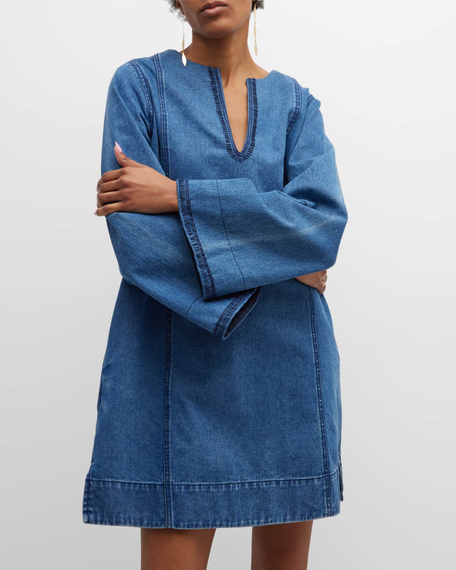 Merlette Charme Embroidered Denim Mini Dress Neiman Marcus