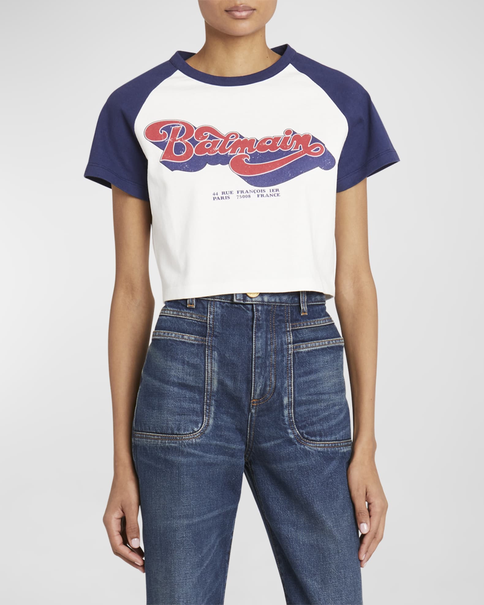Balmain 70s Logo-Print Raglan Crop T-Shirt | Neiman Marcus