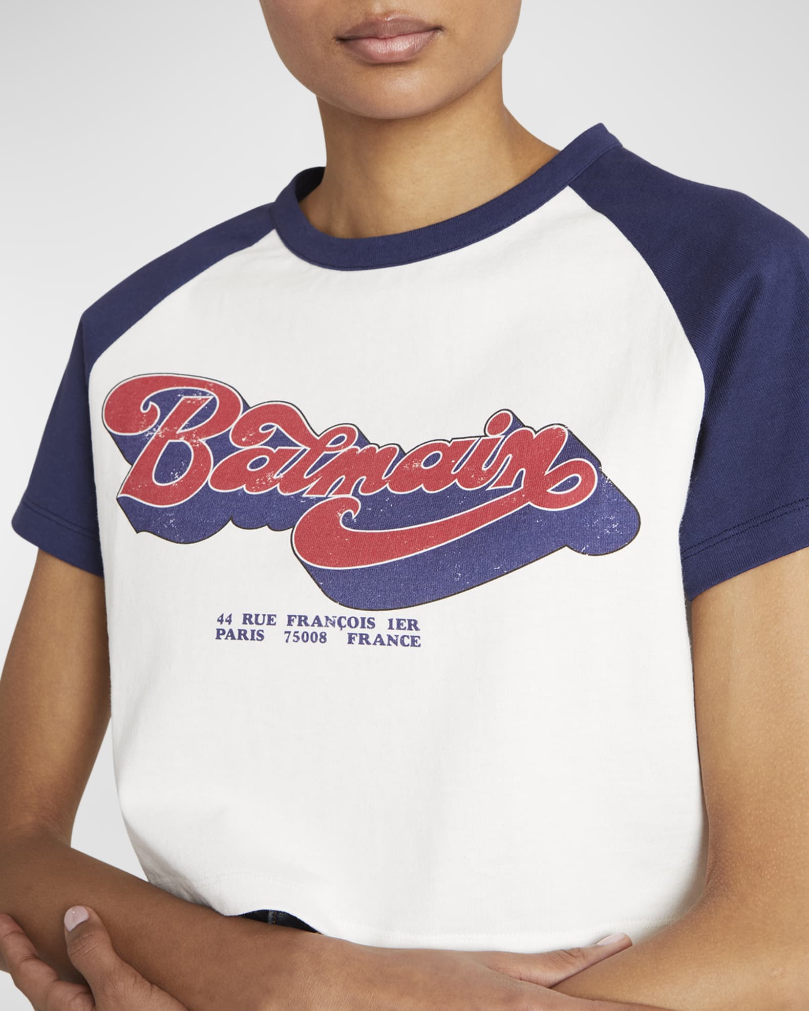 Balmain 70s Logo-Print Raglan Crop T-Shirt | Neiman Marcus