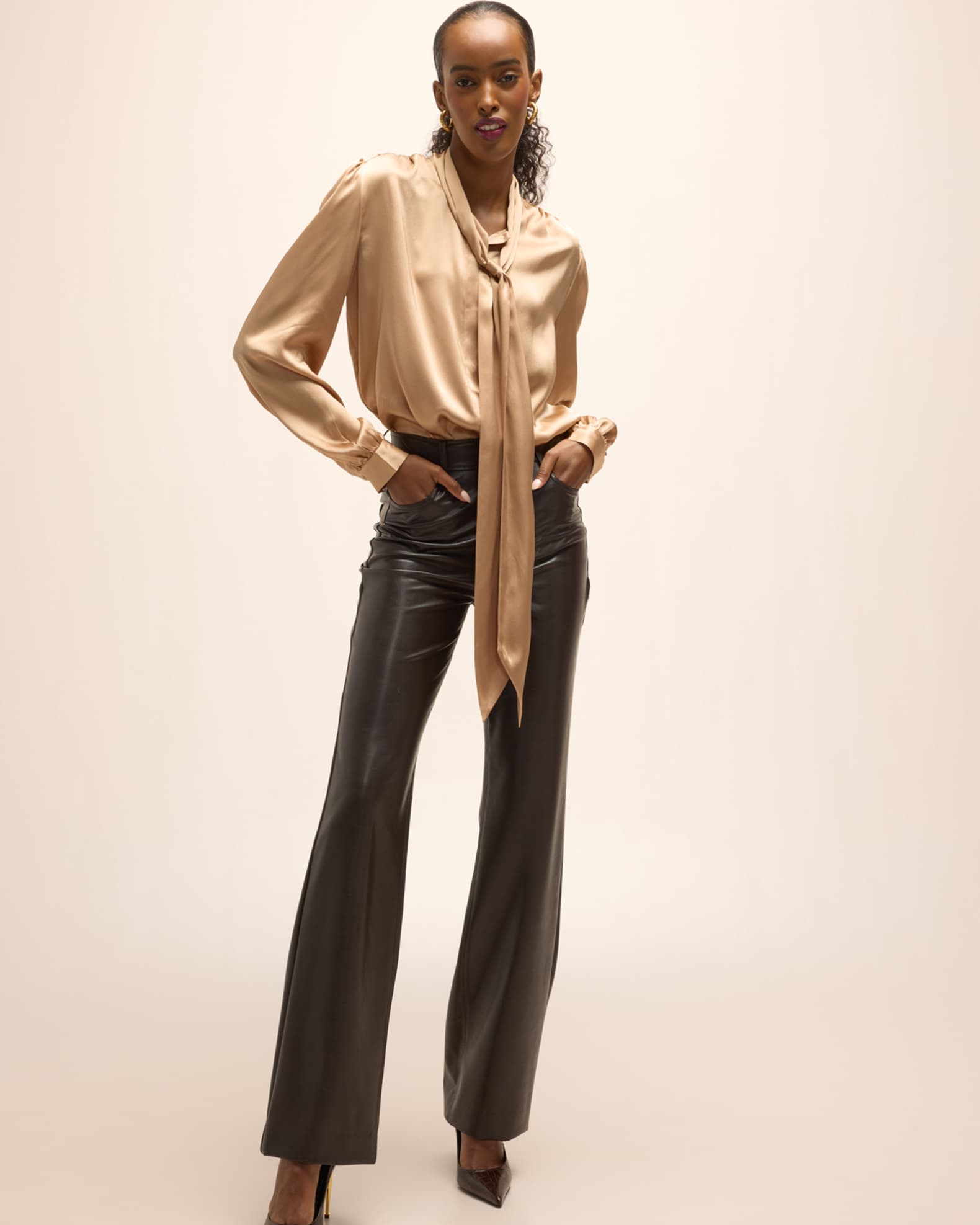 FRAME Tie-Neck Long Sleeve Silk Blouse | Neiman Marcus