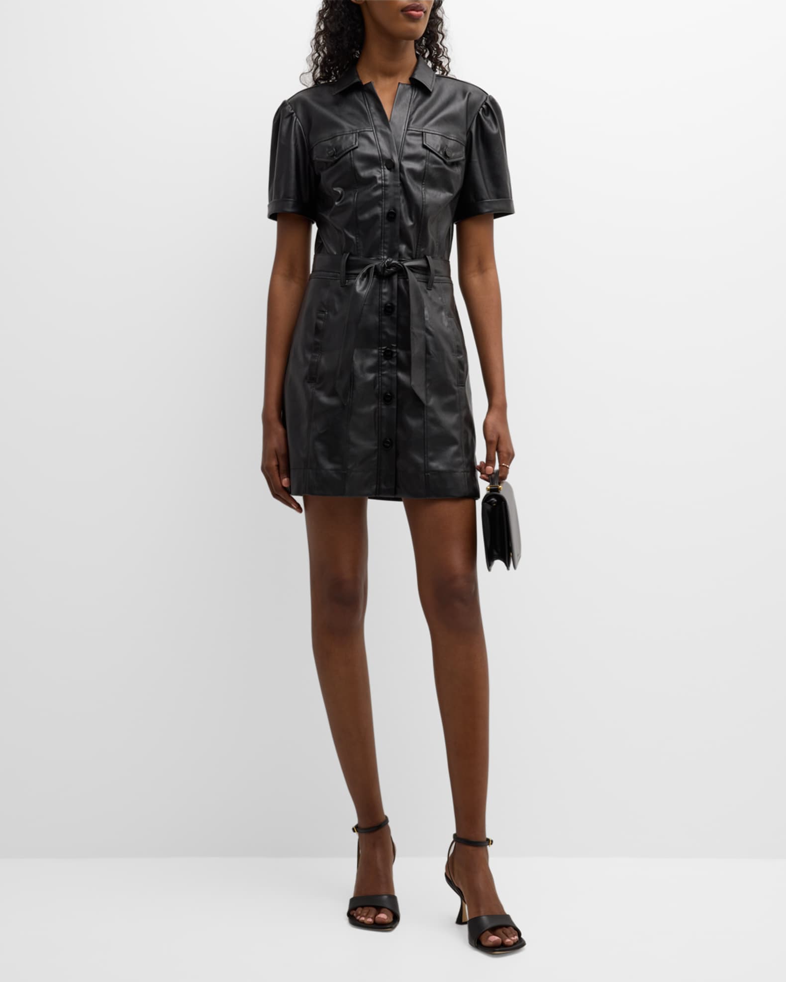 PAIGE Amina Faux-Leather Belted Mini Shirtdress | Neiman Marcus