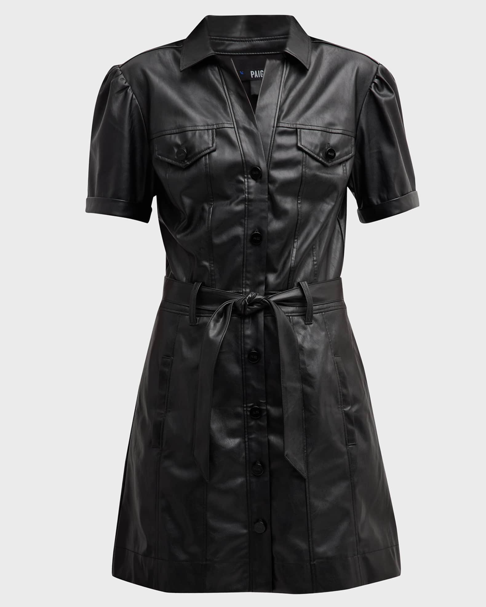 PAIGE Amina Faux-Leather Belted Mini Shirtdress | Neiman Marcus