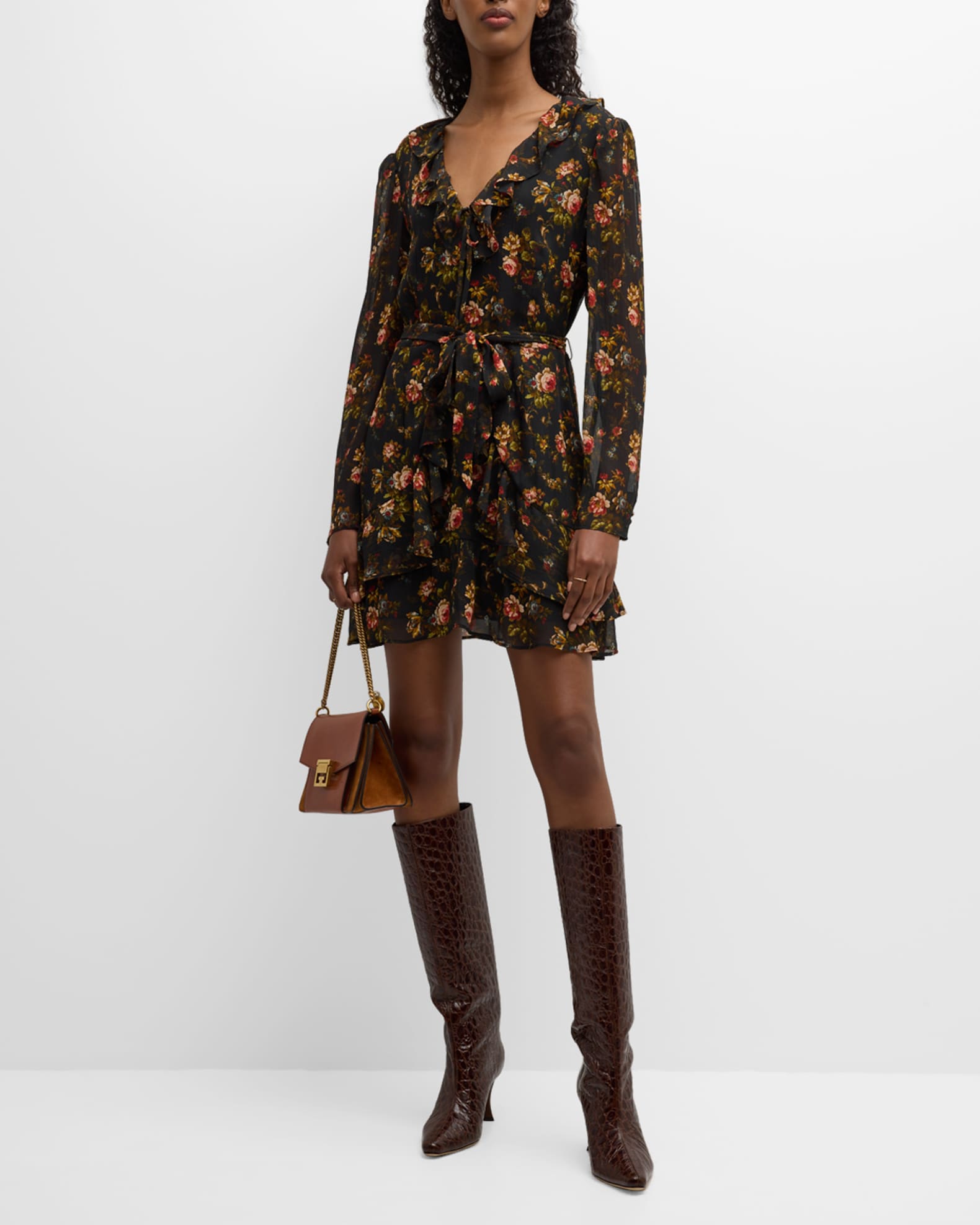PAIGE Tamera Floral Ruffle Long-Sleeve Mini Dress | Neiman Marcus
