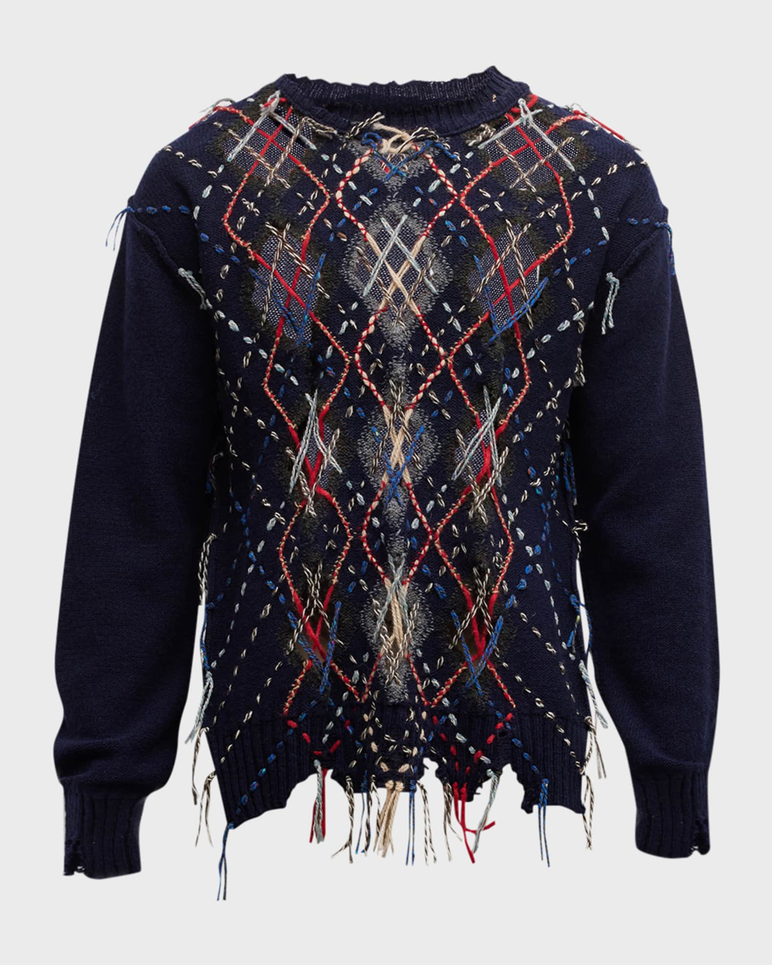 Maison Margiela Men's Destroyed Argyle Sweater | Neiman Marcus