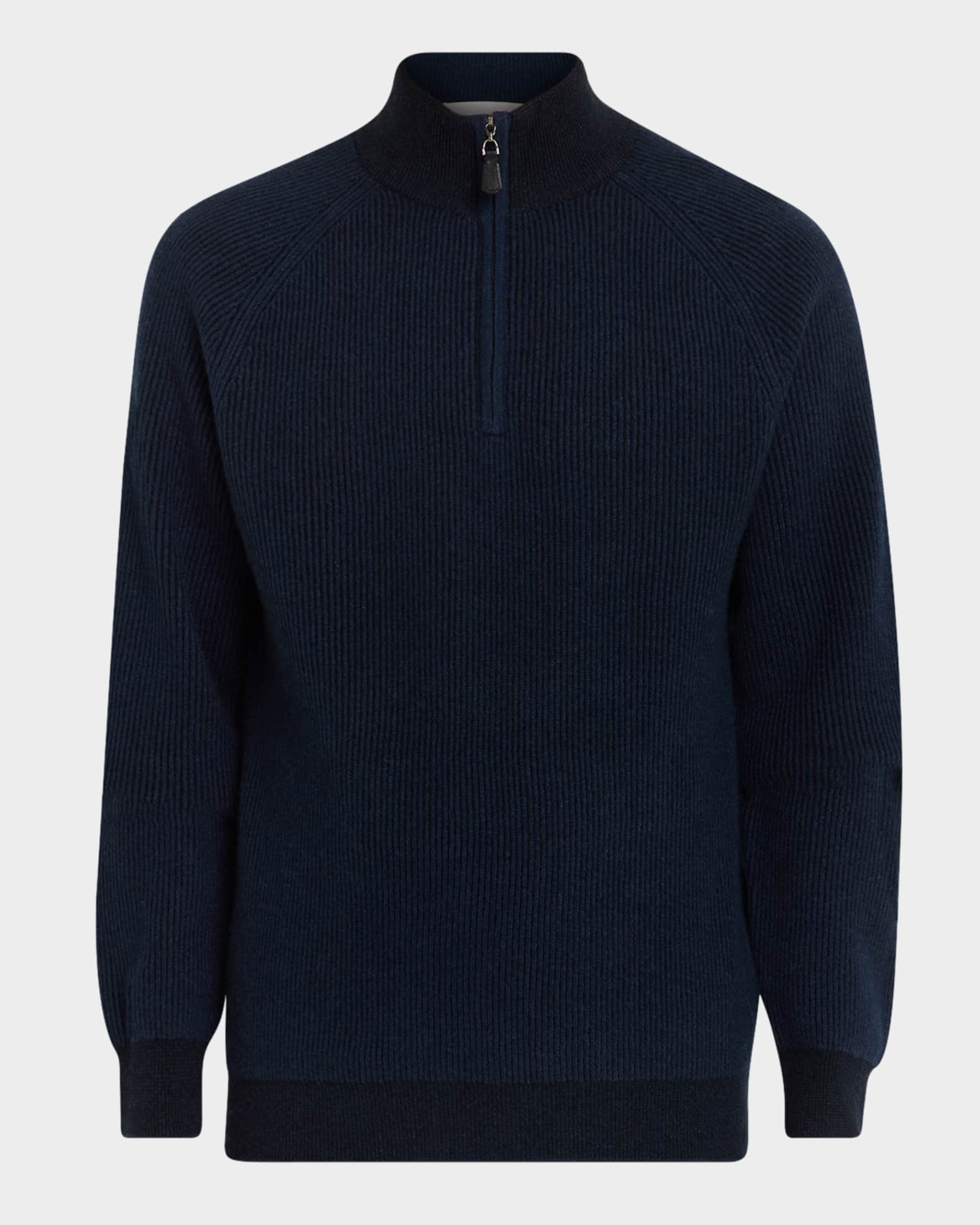 Neiman Marcus Men s Ribbed Quarter Zip Cashmere Sweater Navy