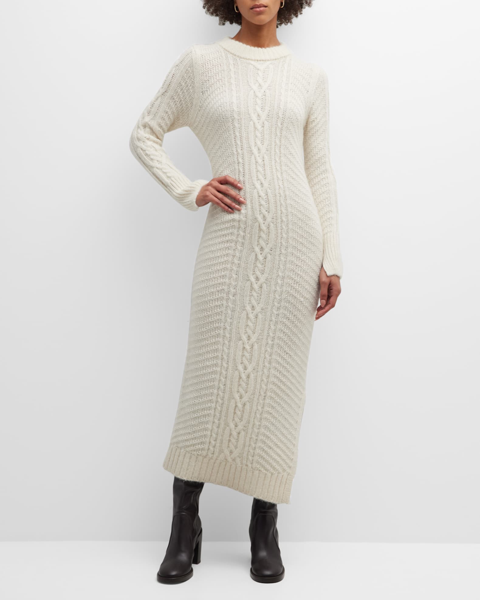 ELEVEN SIX Lora Cable-Knit Split-Cuff Midi Sweater Dress | Neiman