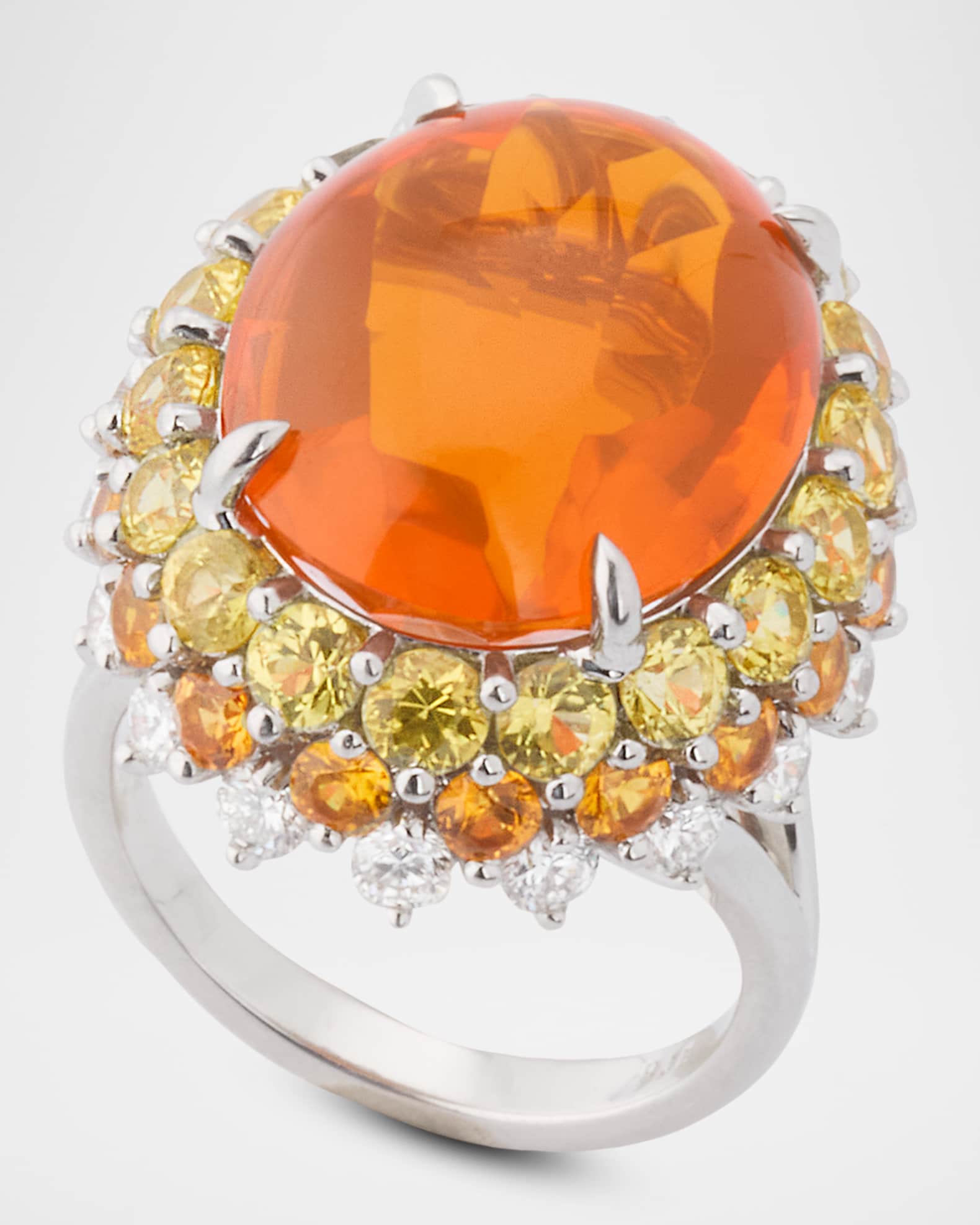 Platinum Fire Opal Cabochon Ring with Diamonds, Sapphires and Garnets, Size 6 1