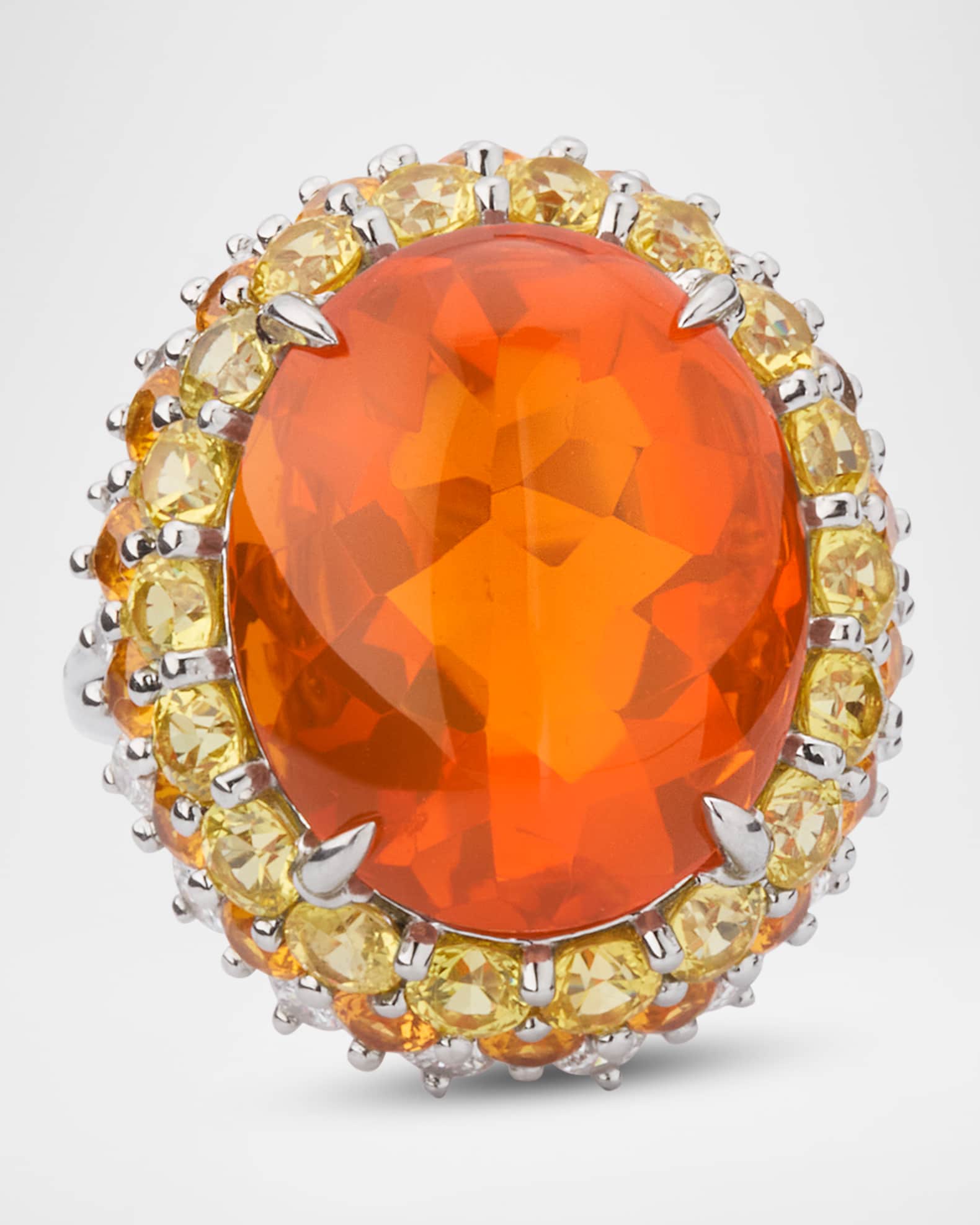 Platinum Fire Opal Cabochon Ring with Diamonds, Sapphires and Garnets, Size 6 0