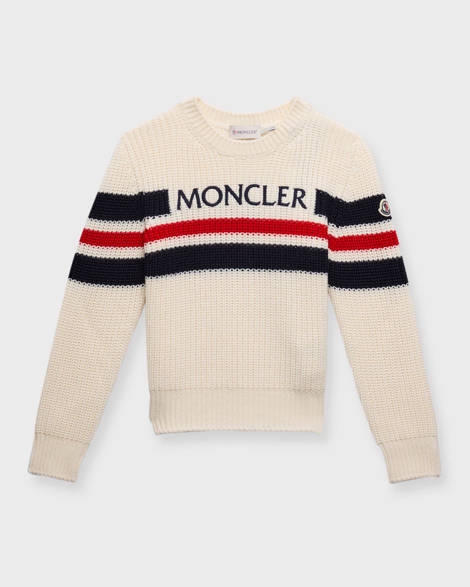 Moncler Boy s Logo Print Tri Stripe Wool Sweater Size 8 14