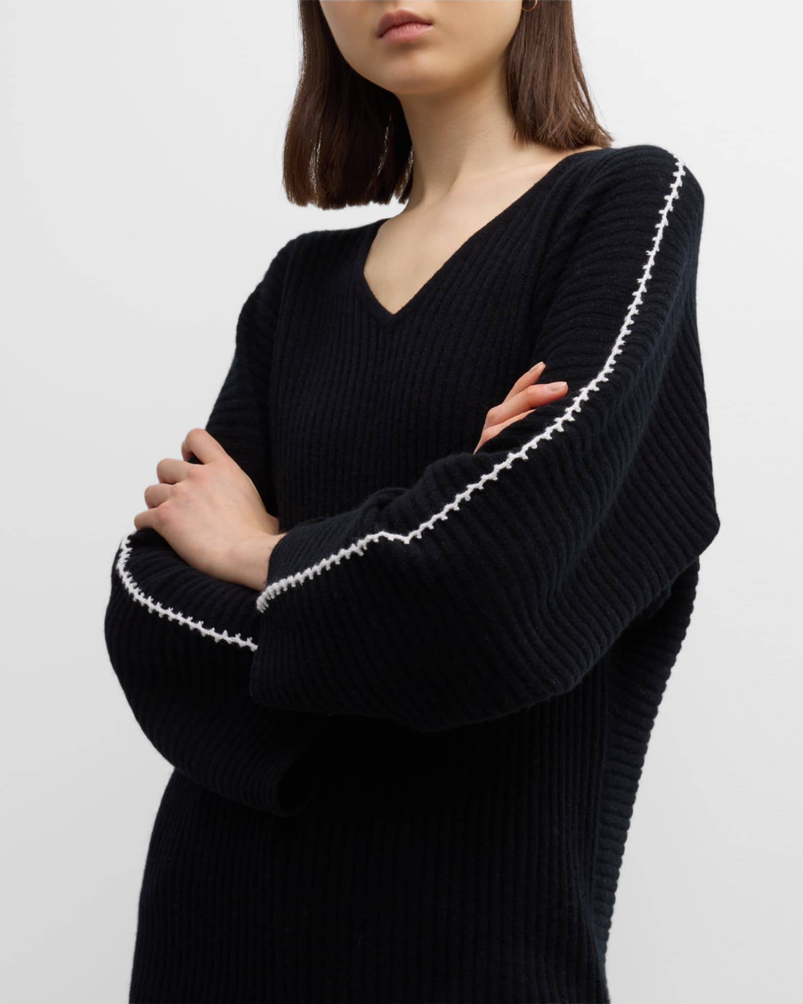 Neiman Marcus Cashmere Collection Cashmere Ribbed V-Neck Sweater with ...