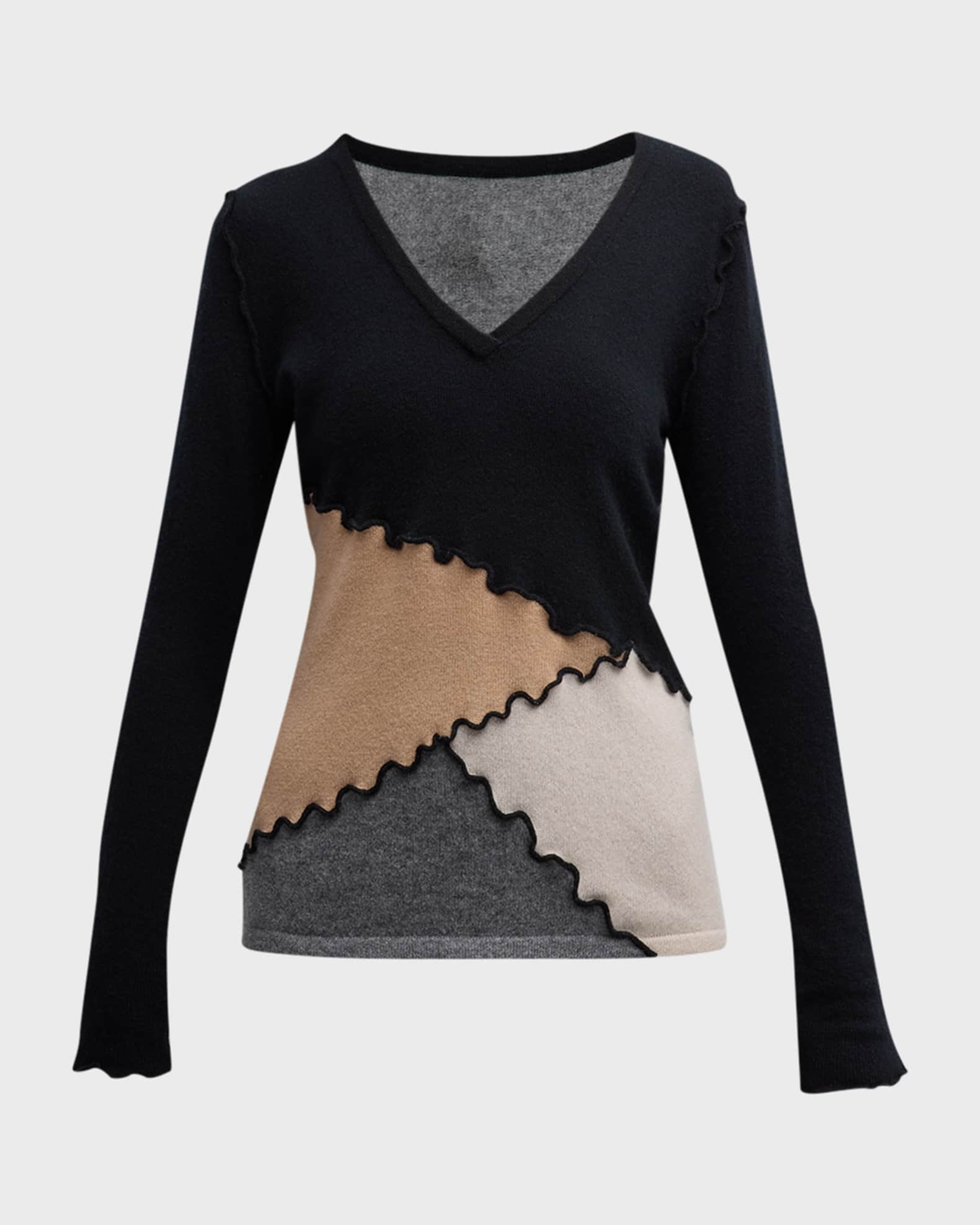 Neiman Marcus Cashmere Collection Cashmere Contrast Lettuce Trim V-Neck ...