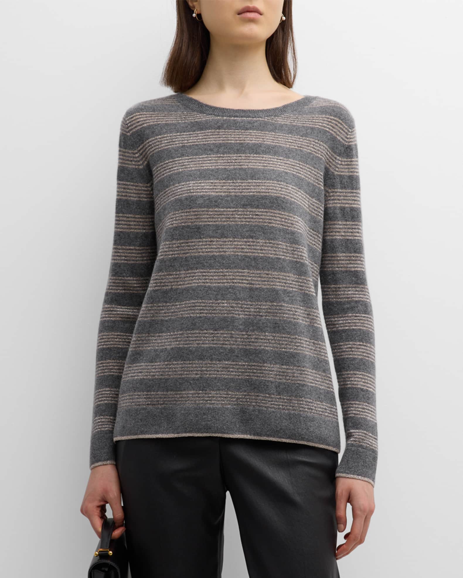 Neiman Marcus Cashmere Collection Cashmere Lurex Striped Crewneck