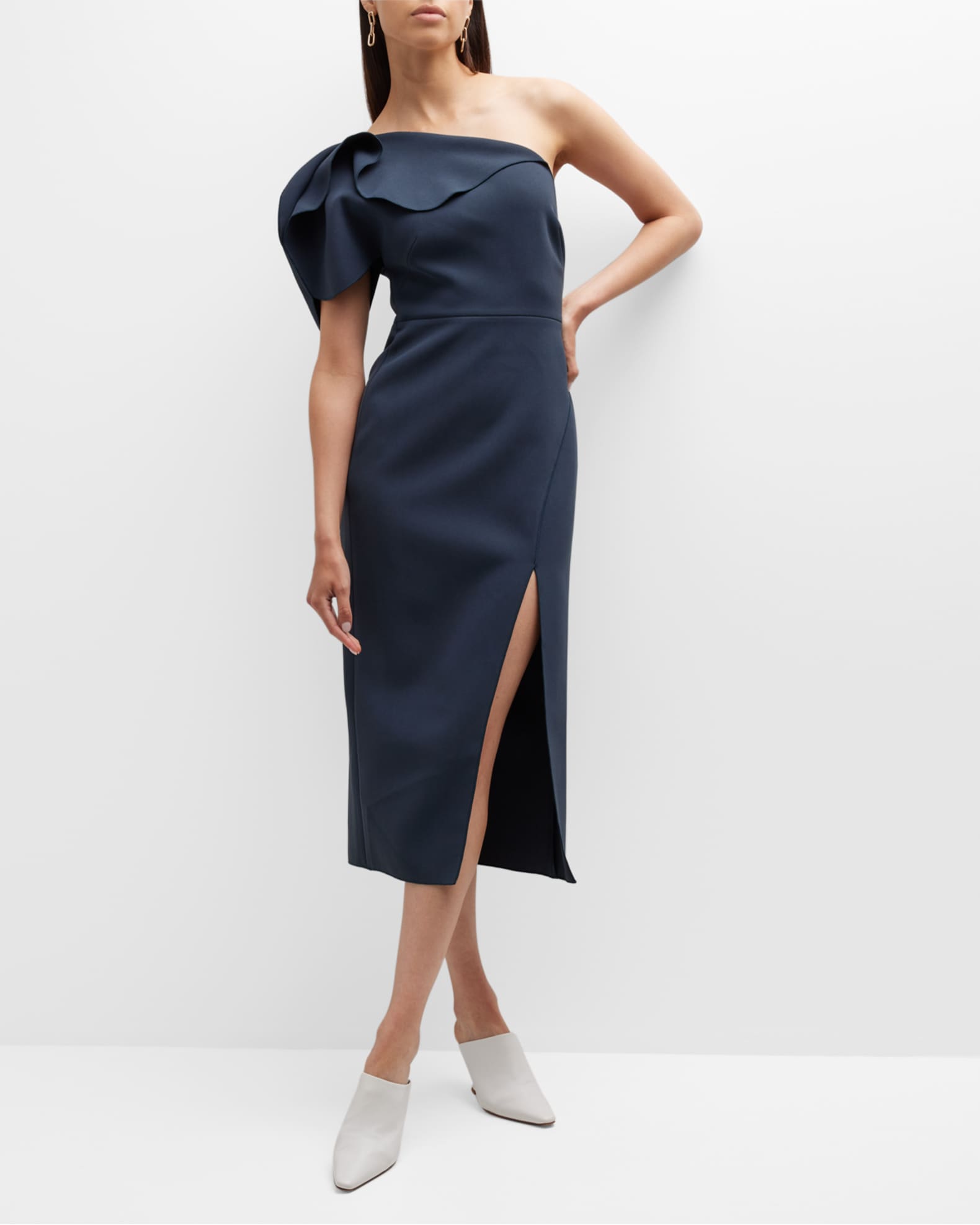 Ruffled Mesh One Shoulder Midi Dress