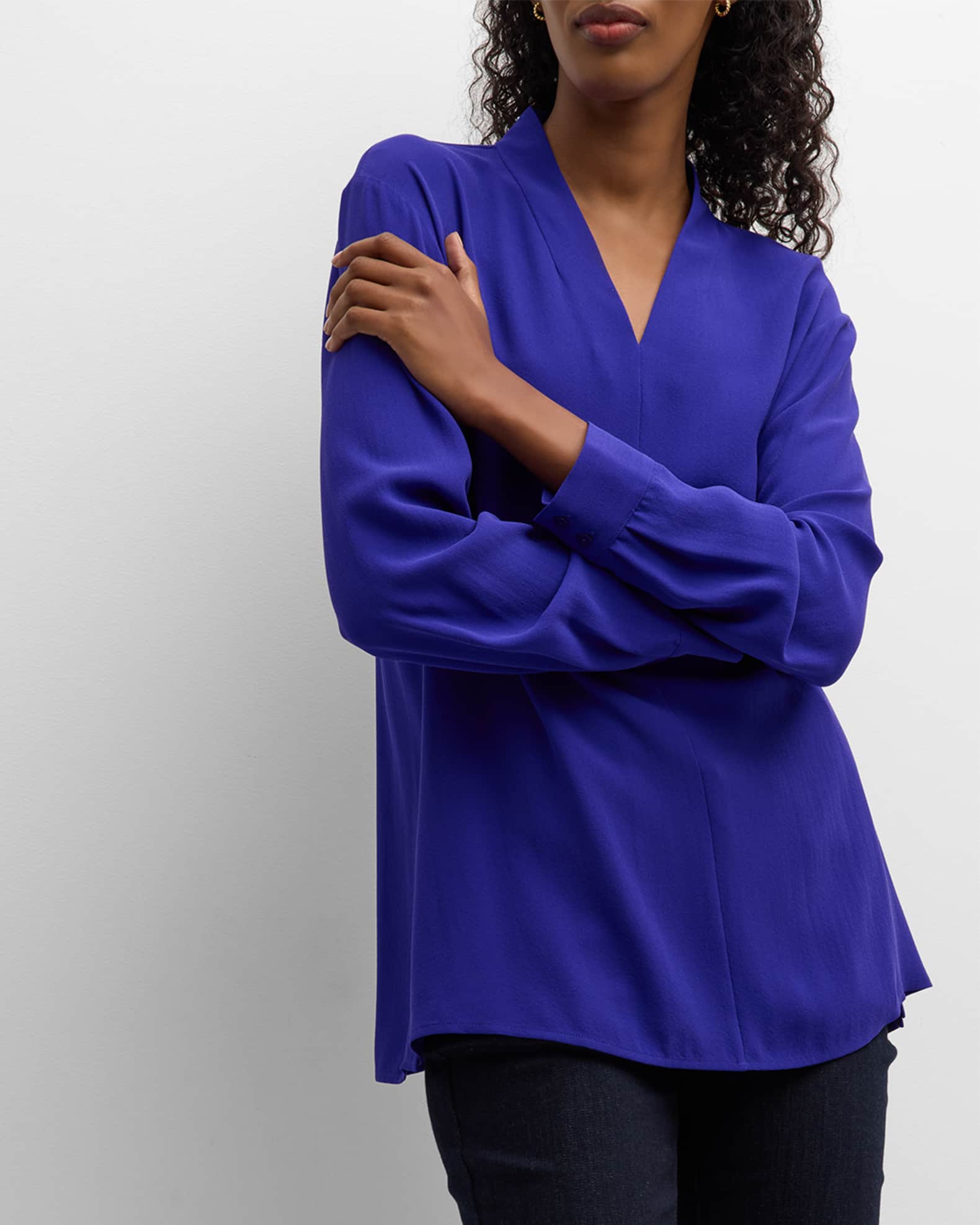 Eileen Fisher Missy Silk Georgette Crepe V-Neck Long-Sleeve Blouse 