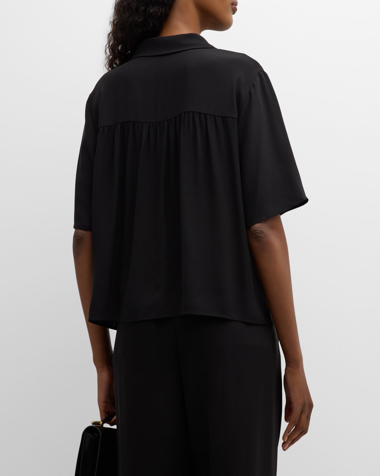 Gathered Crepe Georgette Long Sleeve Top with V-Neck main image 1