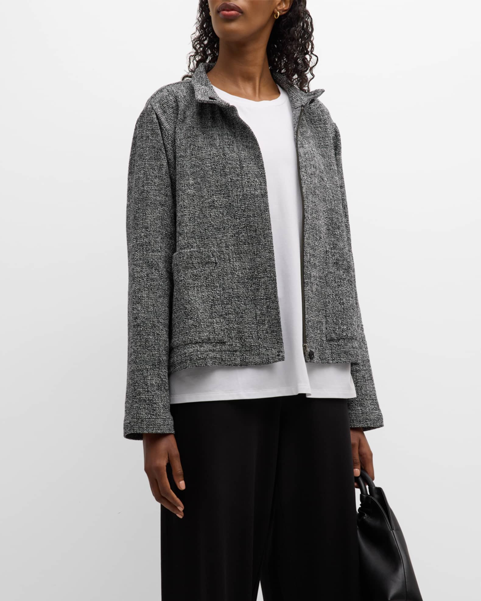 Petite Heathered Zip Front Tweed Jacket