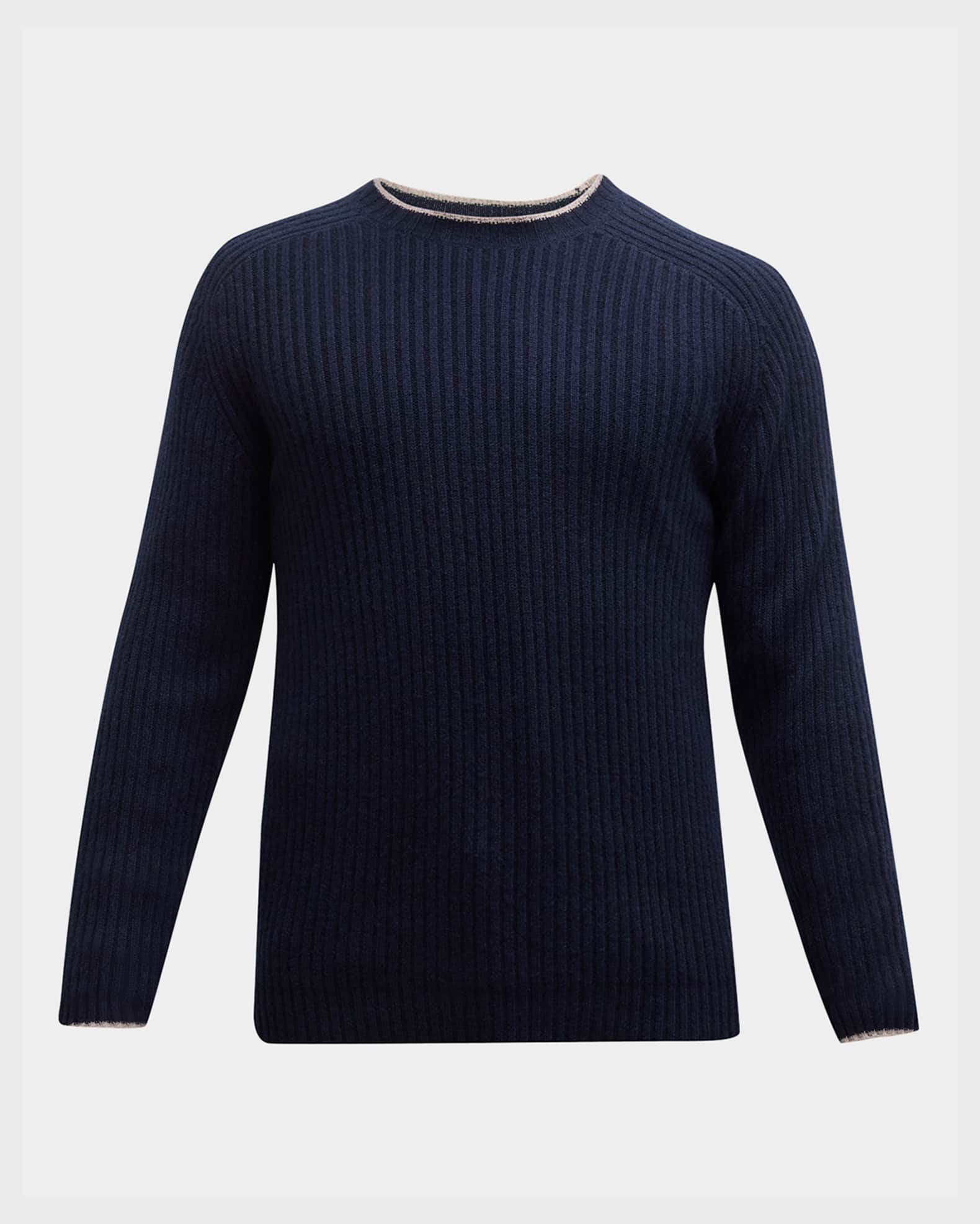 Neiman Marcus Men's Wool-Cashmere Ribbed Crewneck Sweater with Tipping ...
