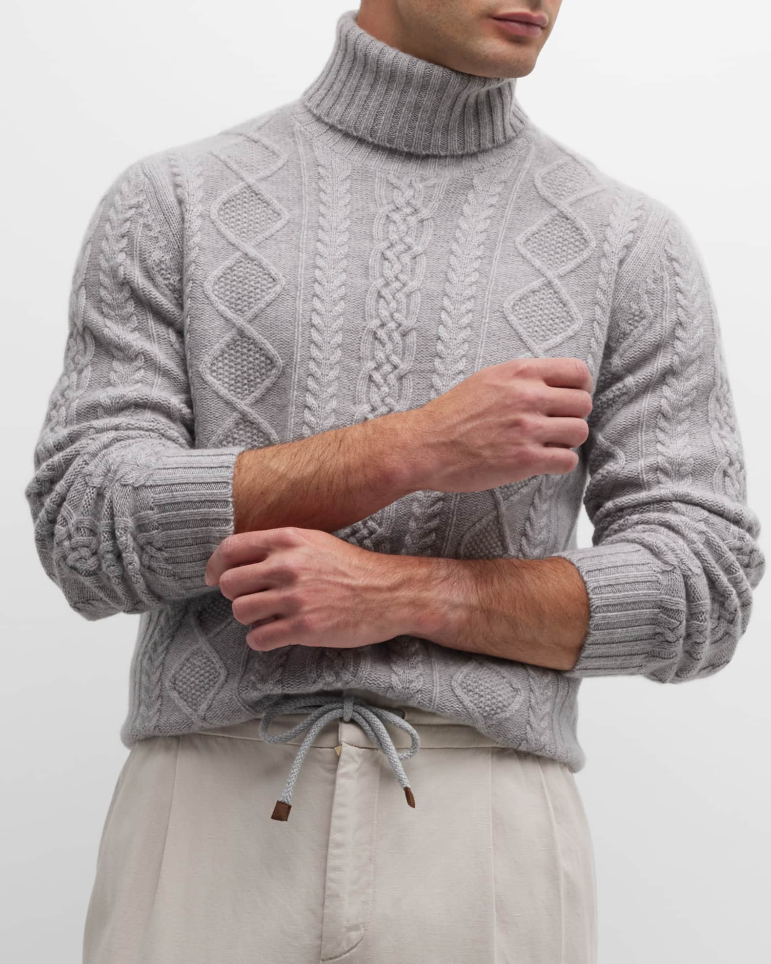 Neiman Marcus Cashmere Collection Men's Cashmere Cable Knit Turtleneck Sweater Neiman Marcus