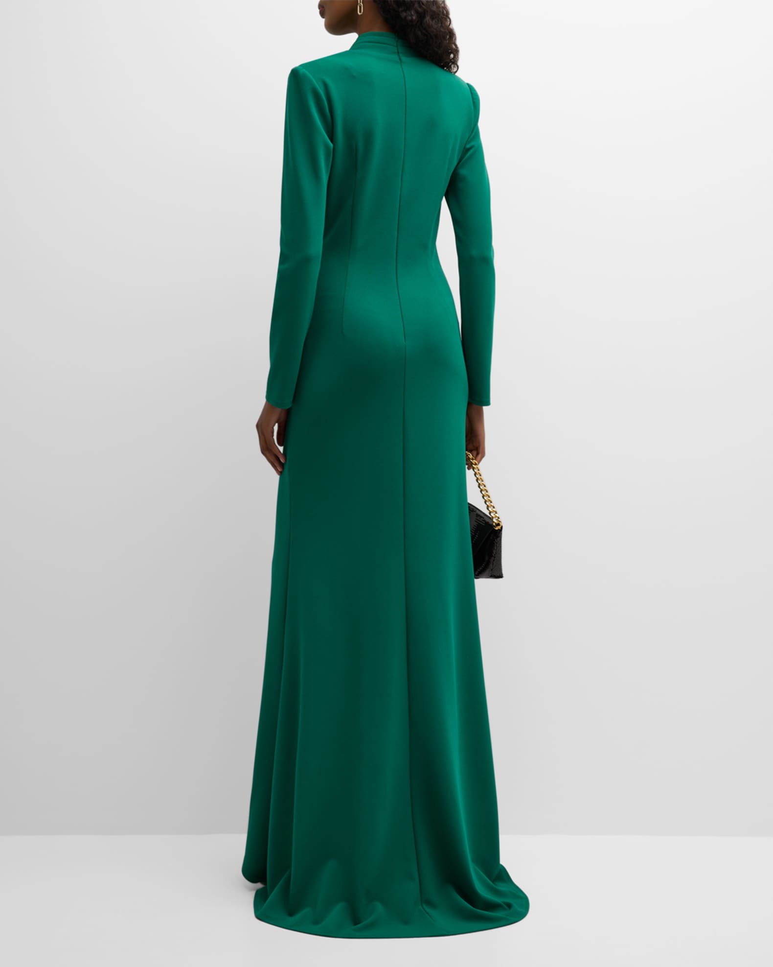 Tadashi Shoji Pleated Long-Sleeve Ruffle Crepe Gown | Neiman Marcus