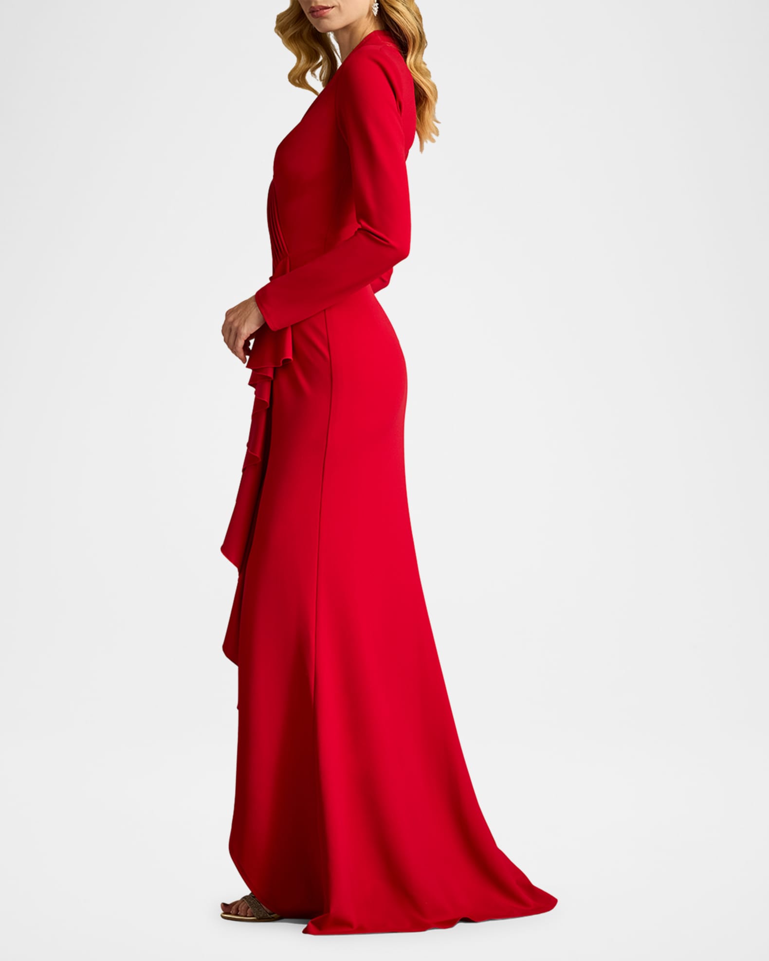Pleated Long Sleeve Ruffle Crepe Gown