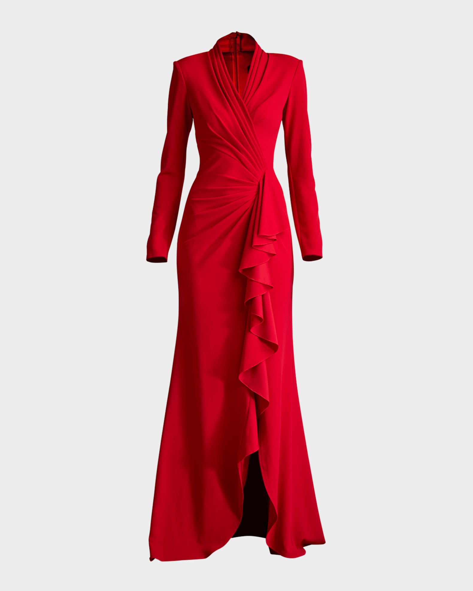Pleated Long Sleeve Ruffle Crepe Gown