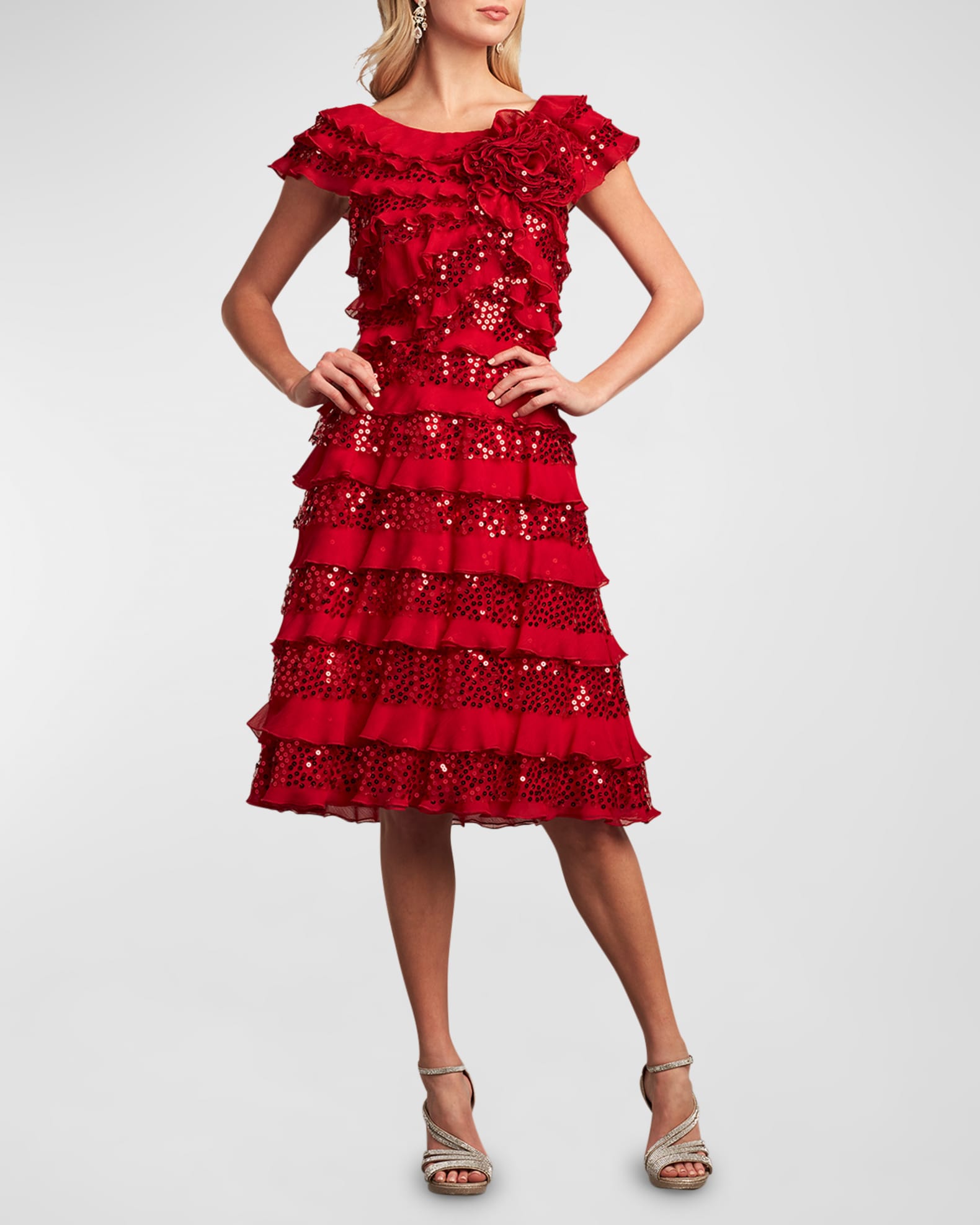 Tadashi Shoji Sequin RuffleTrim ALine Midi Dress Neiman Marcus