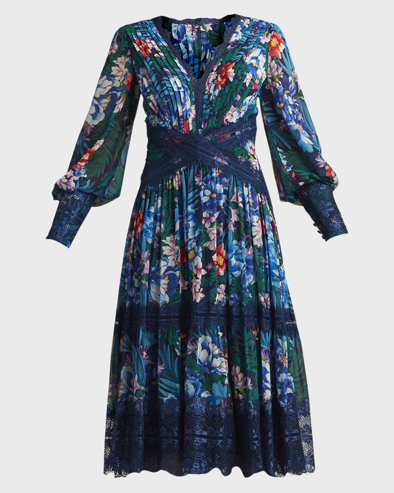 Tadashi Shoji Pleated Floral-Print Bishop-Sleeve Midi Dress | Neiman Marcus