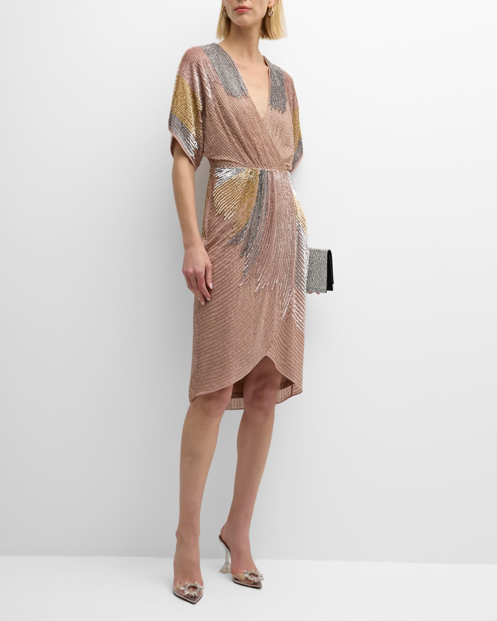 Liv Foster Beaded Dolman-Sleeve Faux-Wrap Midi Dress | Neiman Marcus