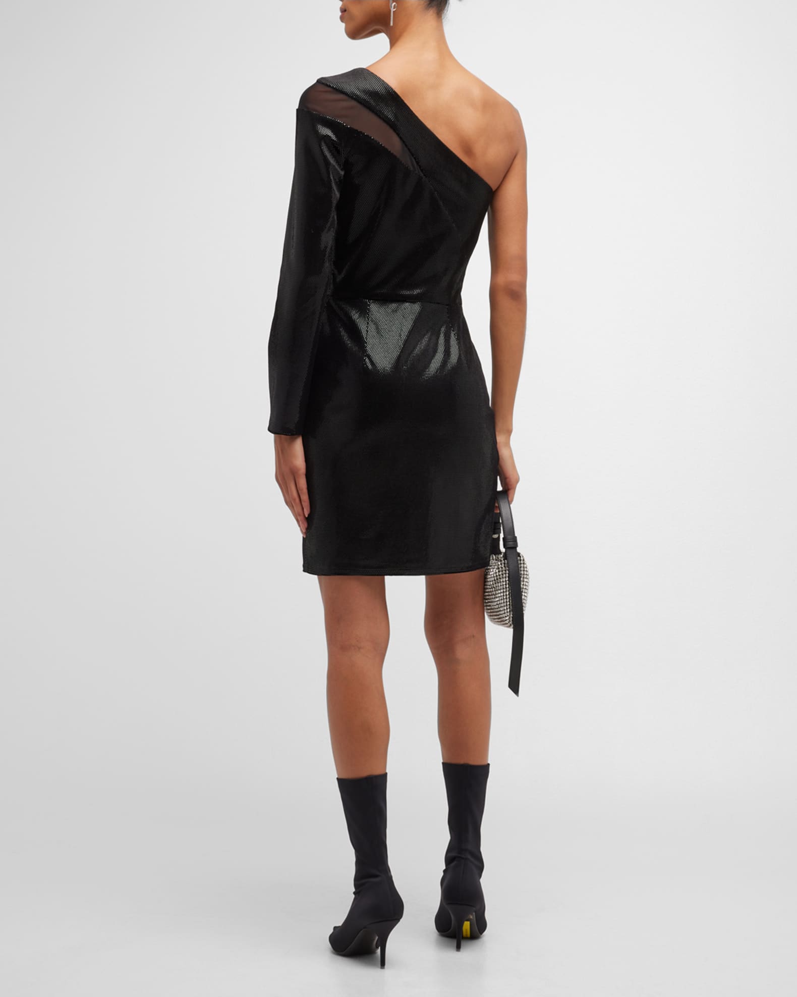 SHO One-Shoulder Mesh-Inset Metallic Mini Dress | Neiman Marcus