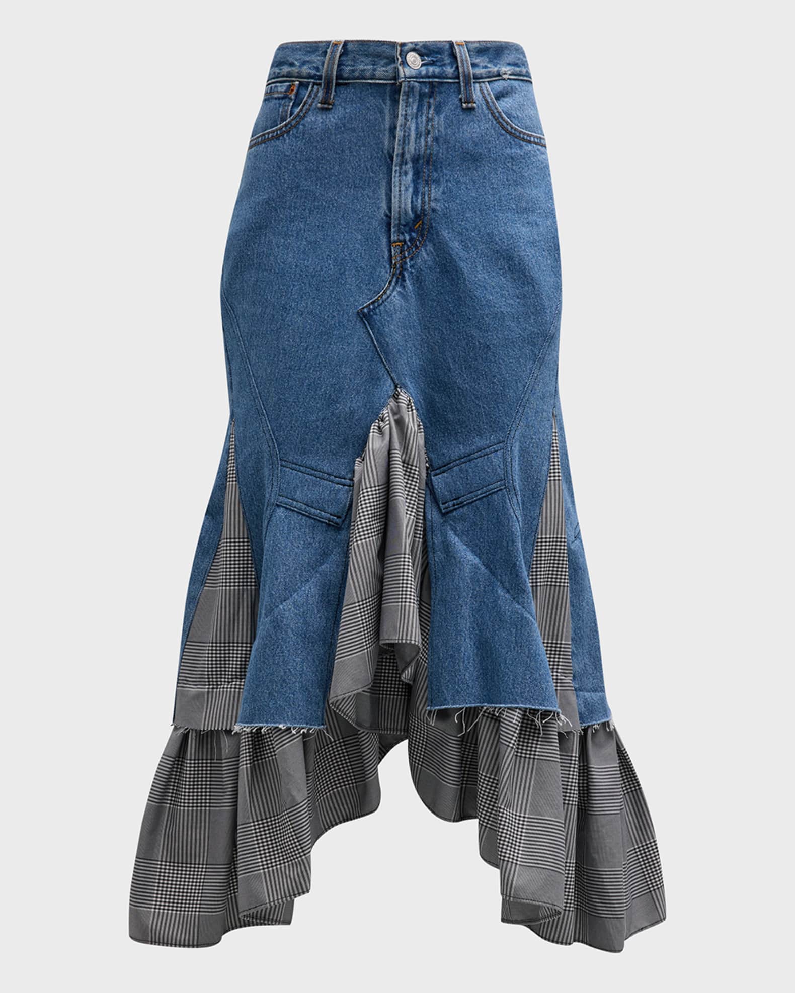 Rentrayage Abilene Plaid Denim Combo Midi Skirt | Neiman Marcus